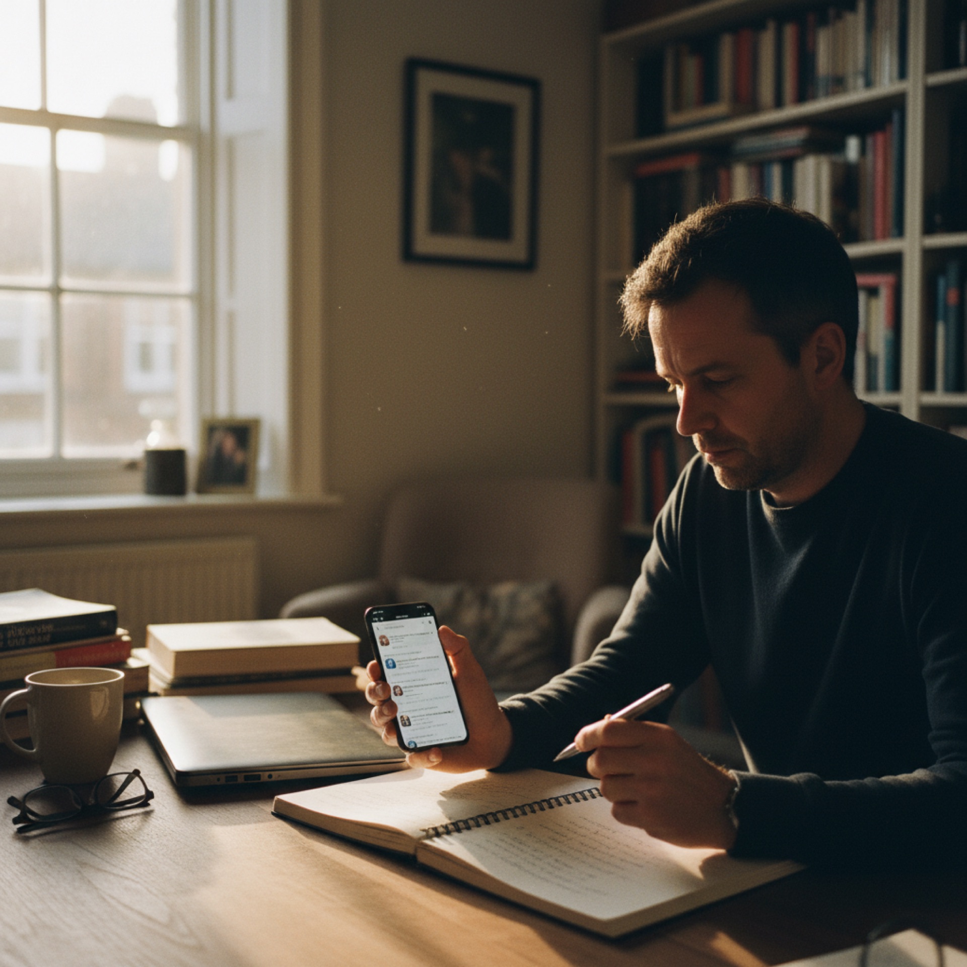 Person at a desk reviewing a phone with a notebook open beside them