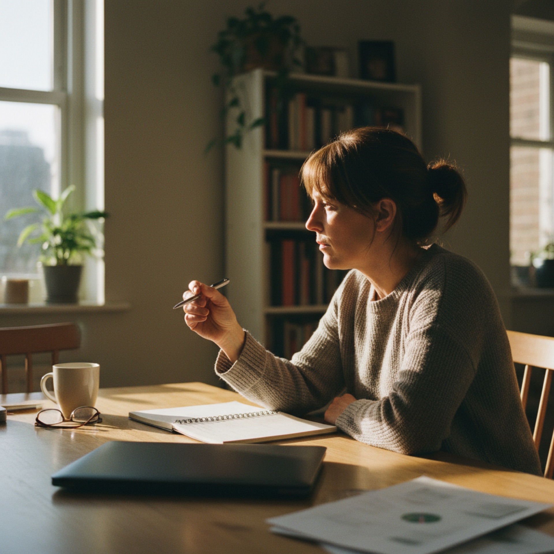 A person sitting at a kitchen table with a notebook and laptop, pausing in thought mid-morning