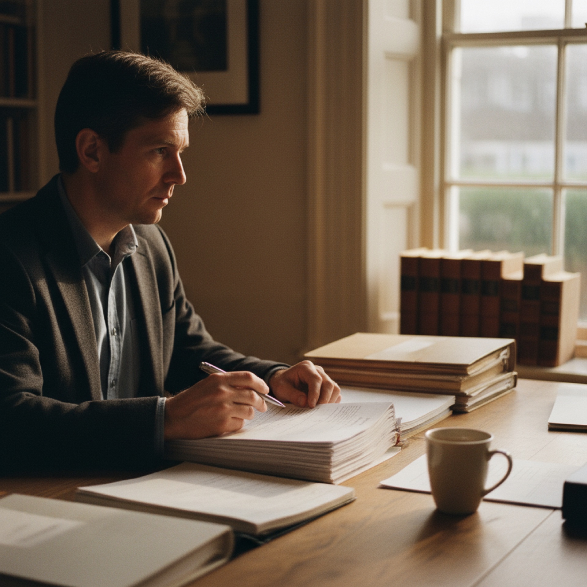 A person reading printed documents at a desk with a laptop open beside them