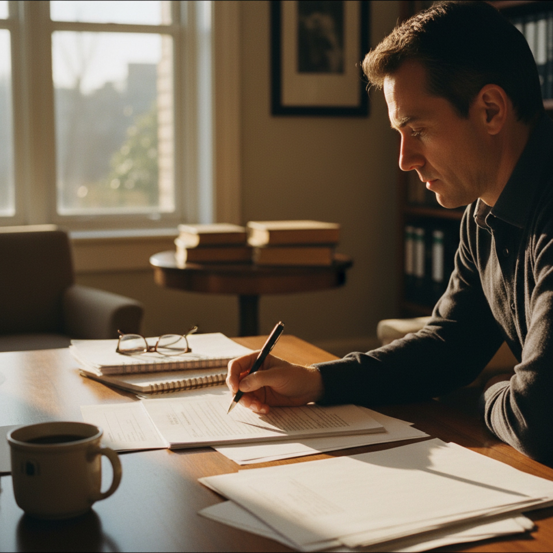A person reviewing a printed document at a well-lit desk with papers spread around them