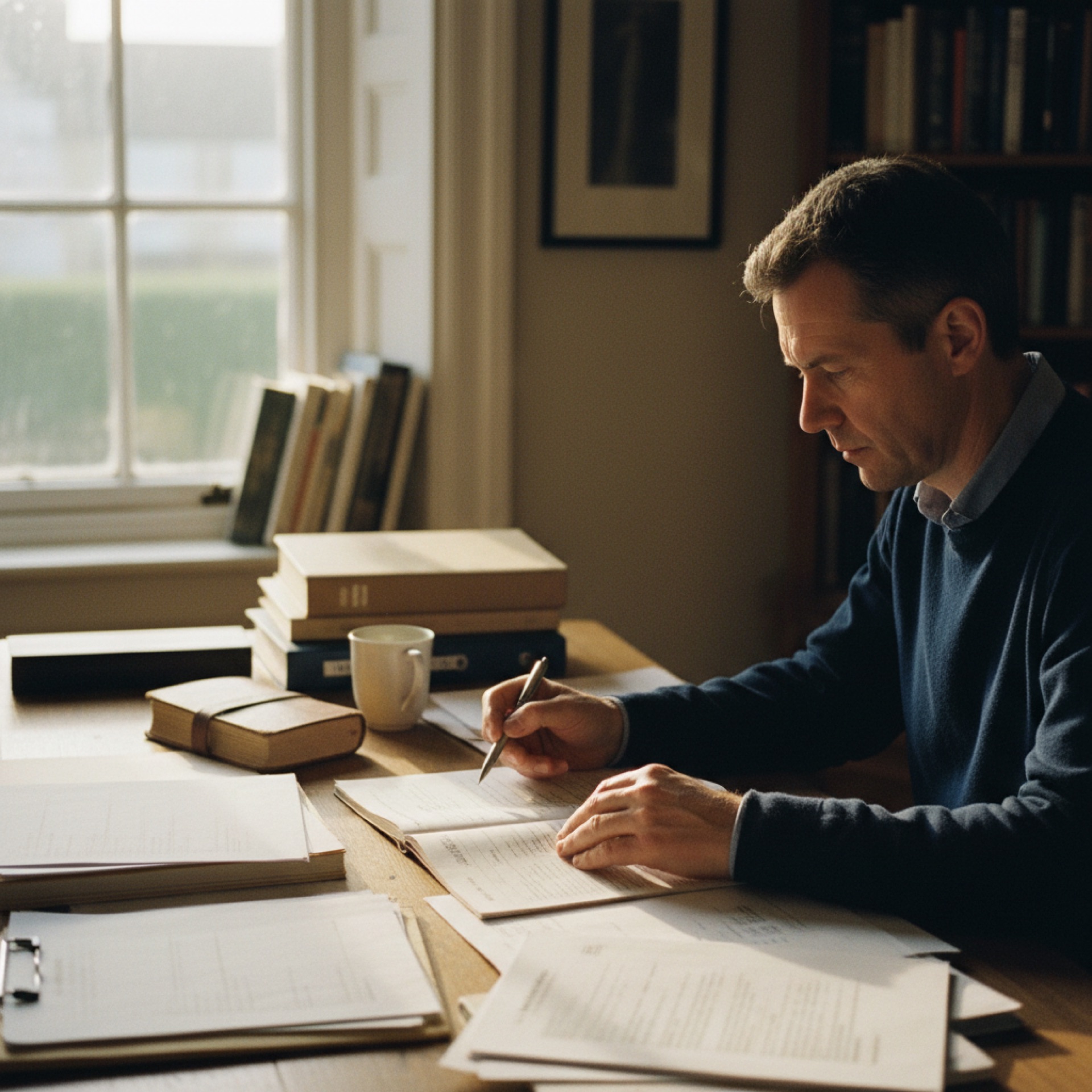 Person at a desk carefully reading through insurance policy documents