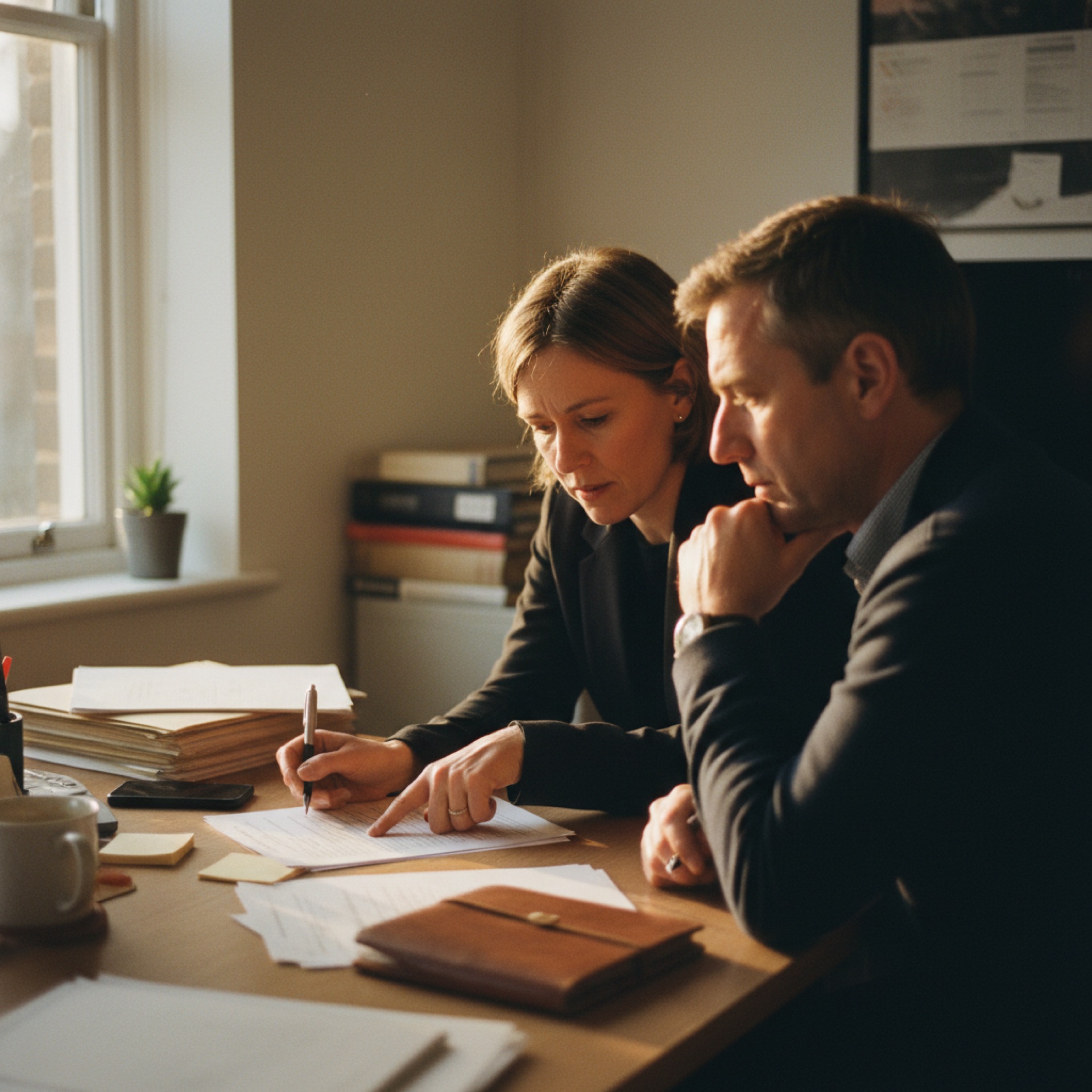 Two people reviewing a printed candidate shortlist at an office desk