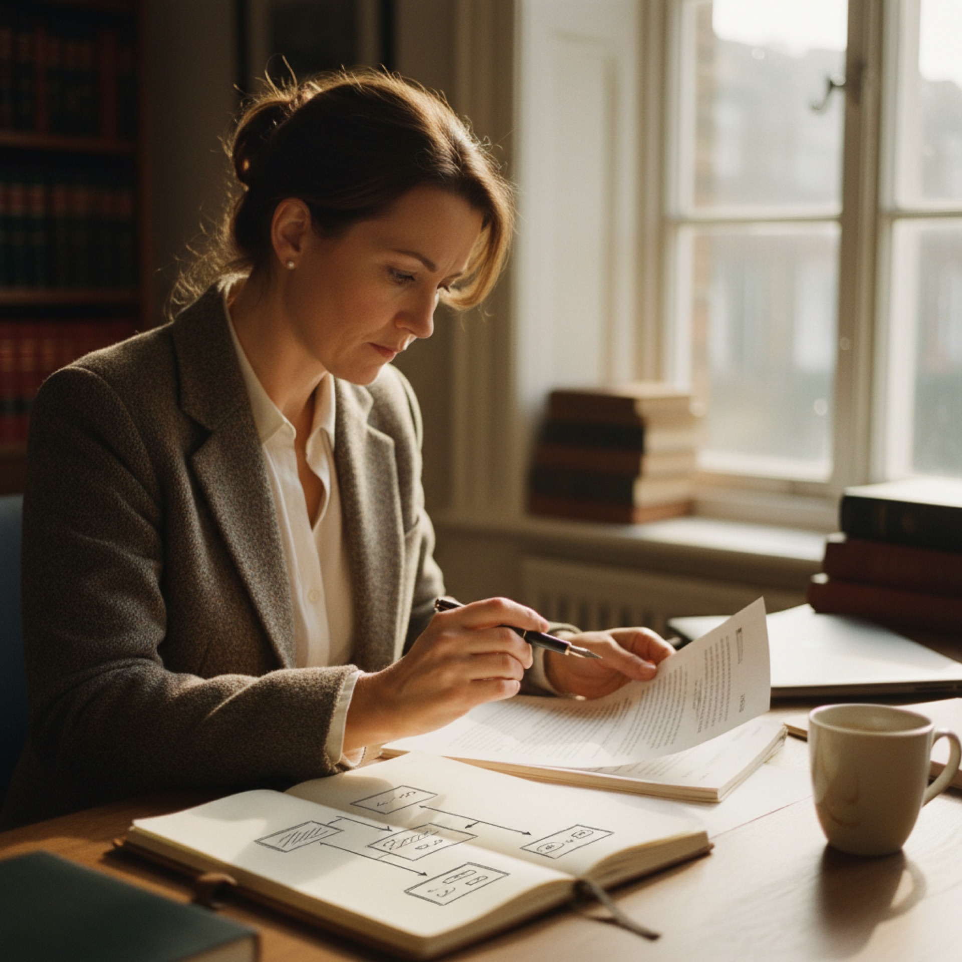 A solicitor reviewing a printed document at a desk in a quiet office
