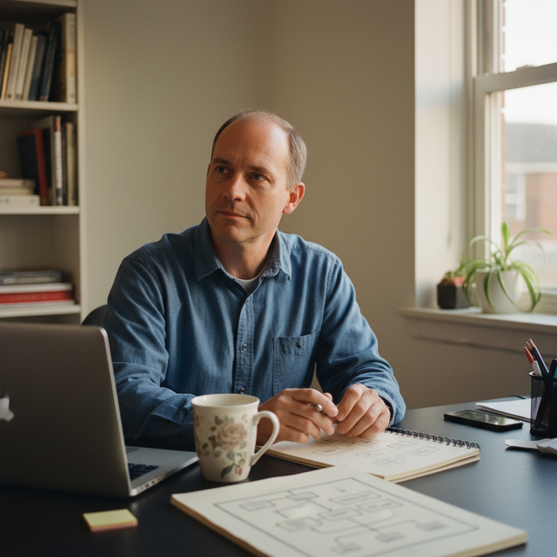 A business owner reviewing a summary report on a laptop in a small office