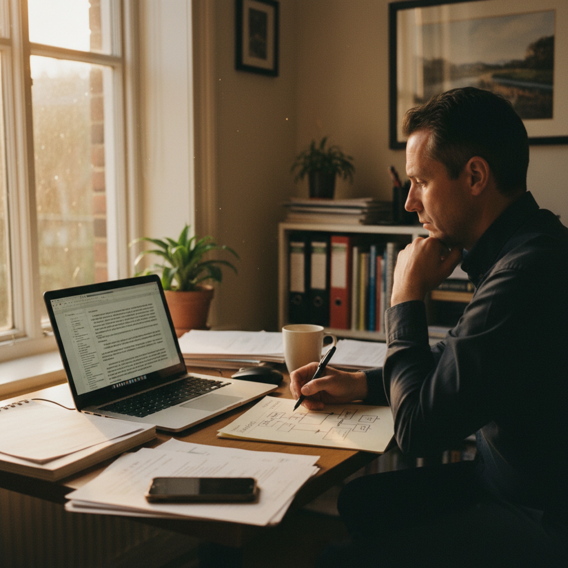 A person reviewing documents on a laptop at a desk in a well-lit professional office