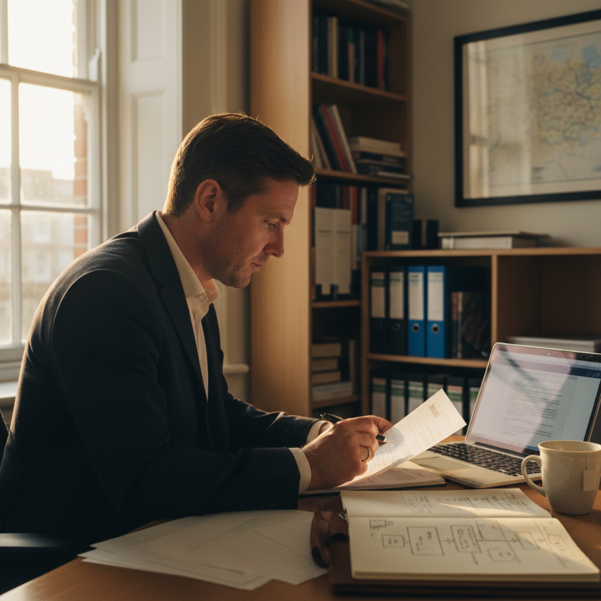 Person reviewing insurance documents at a desk with a laptop open in a small office