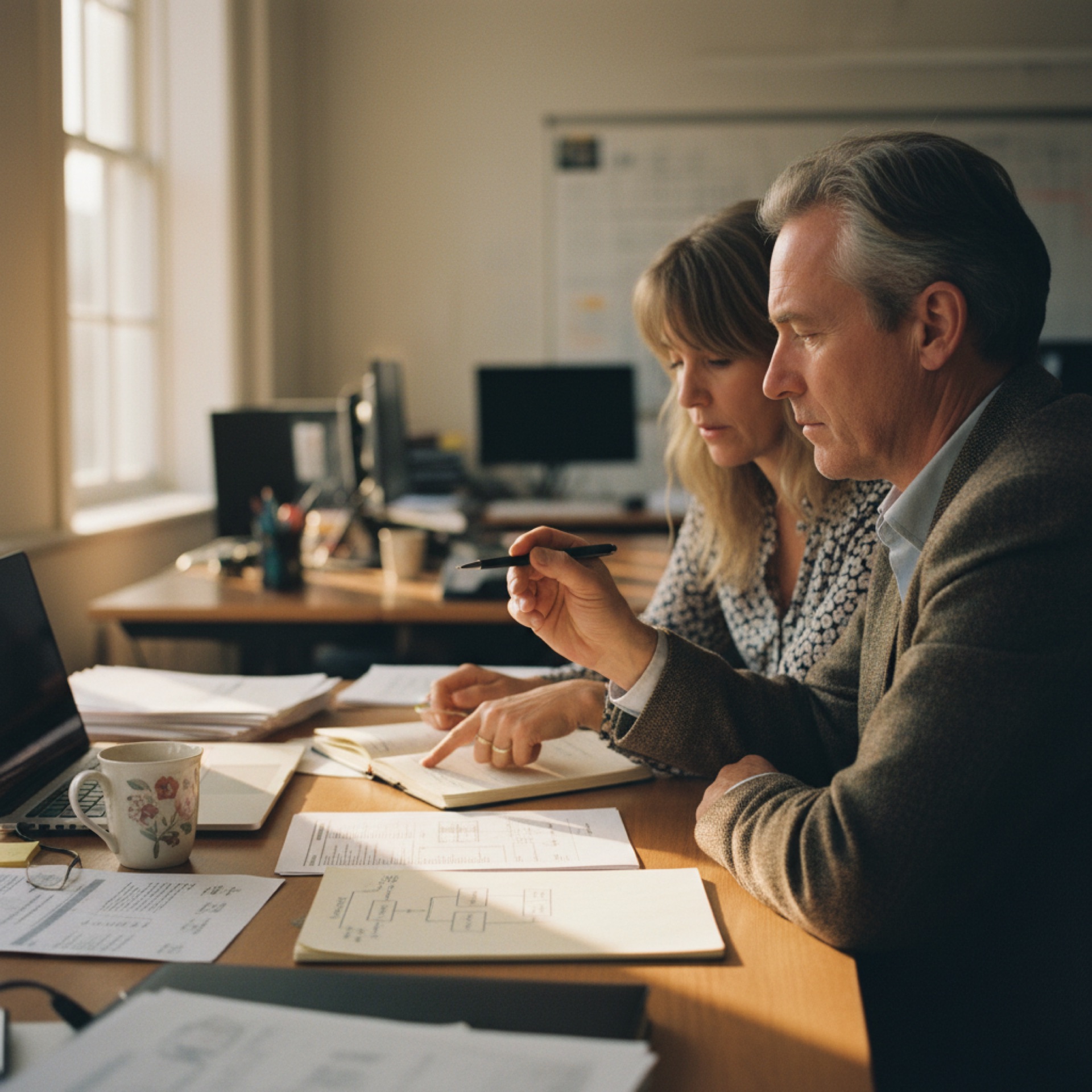 Two colleagues reviewing policy documents at a desk in a professional office