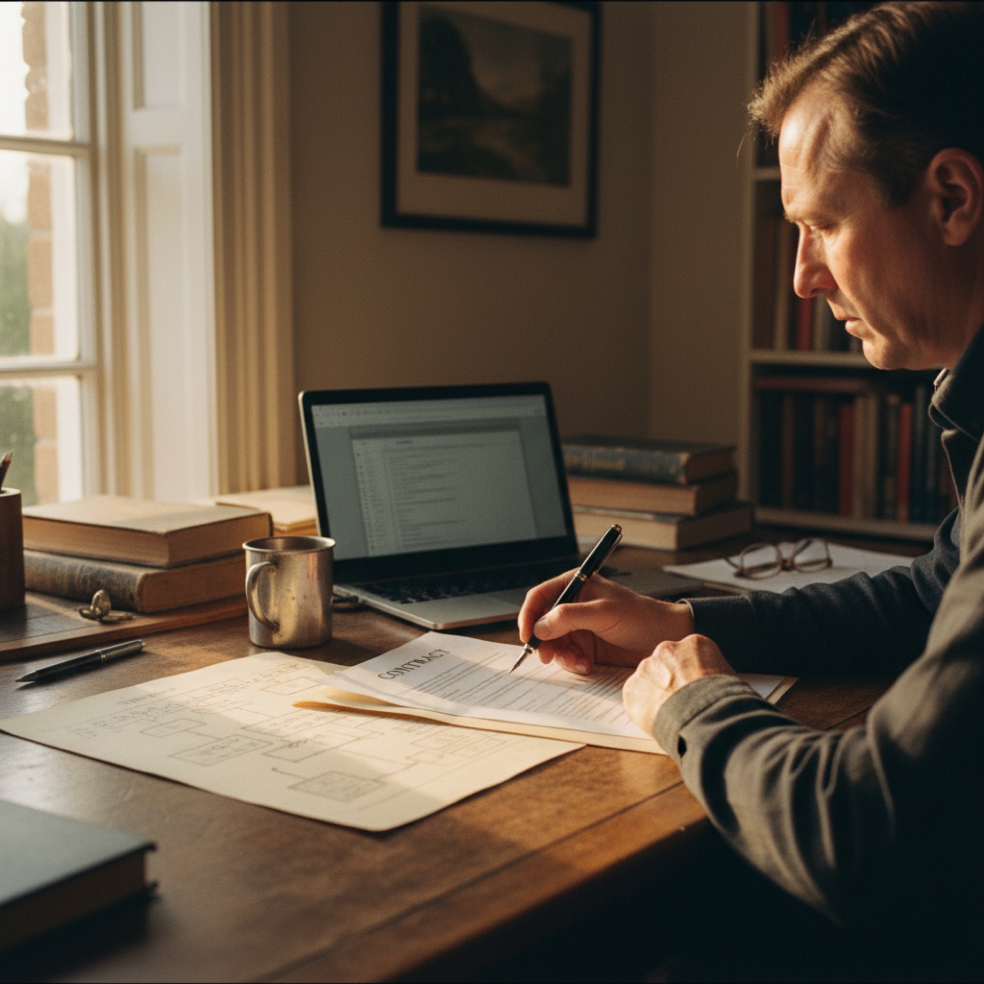 Person at a desk reviewing a printed contract with a laptop open beside them