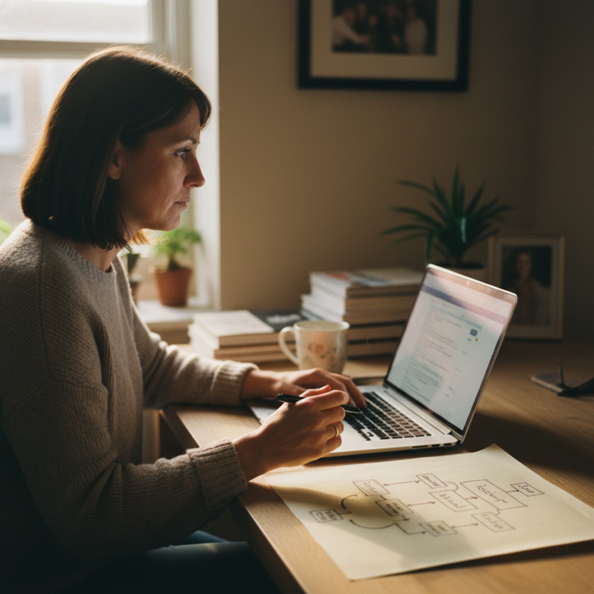 A business owner pausing at a laptop in a quiet office, hands resting on the keyboard