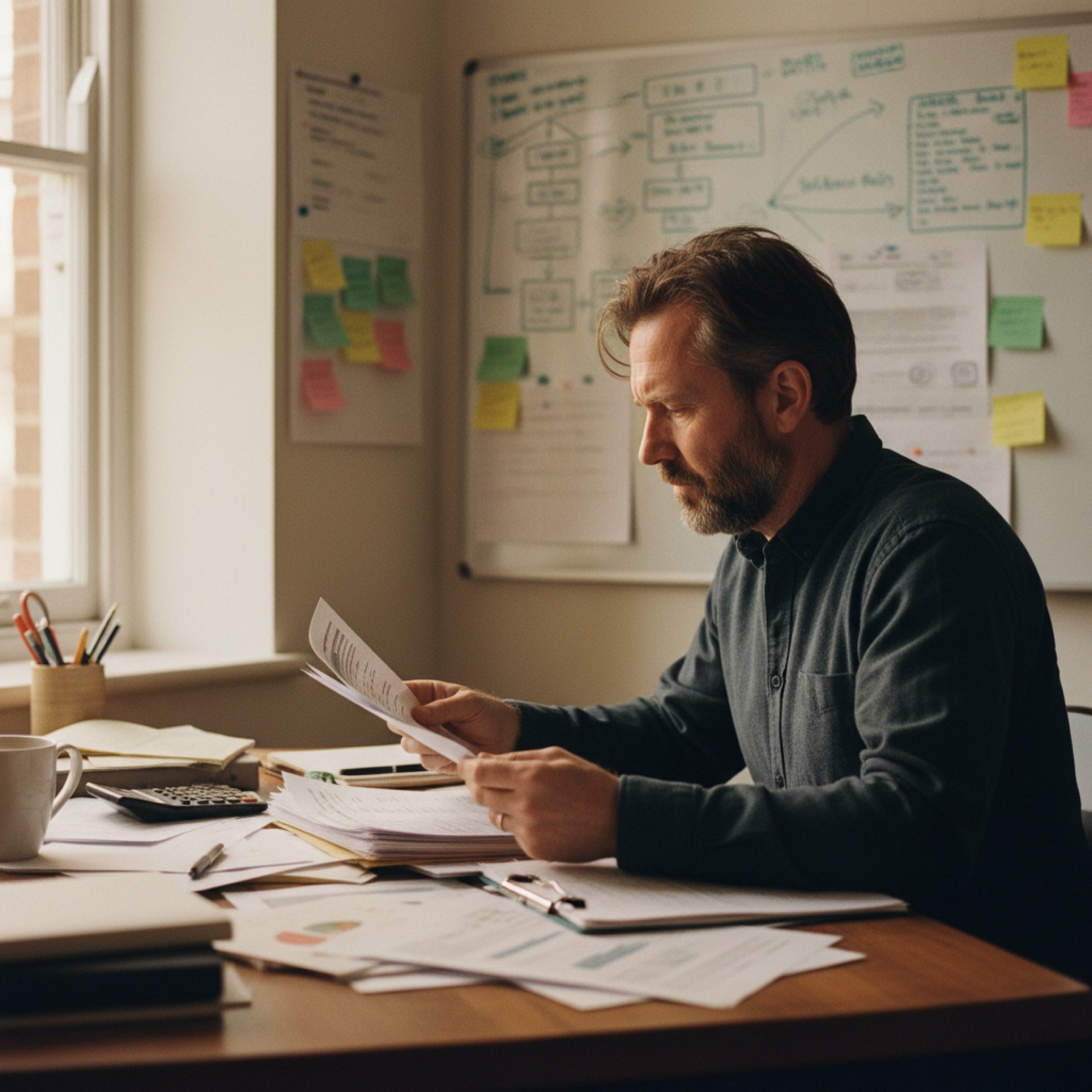 Founder sitting at a desk reviewing printed financial reports