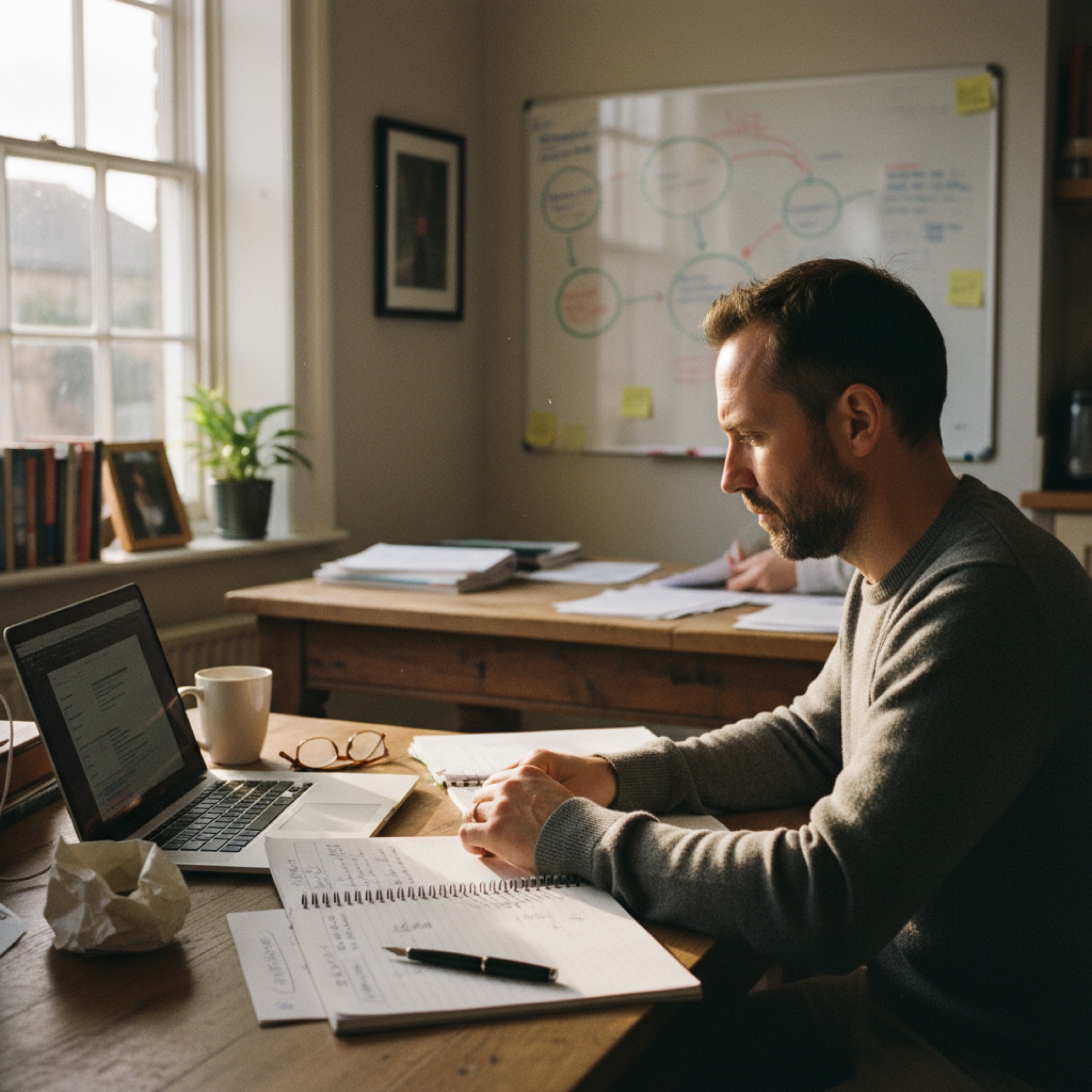 A person at a desk reviewing financial figures on a laptop with handwritten notes beside them