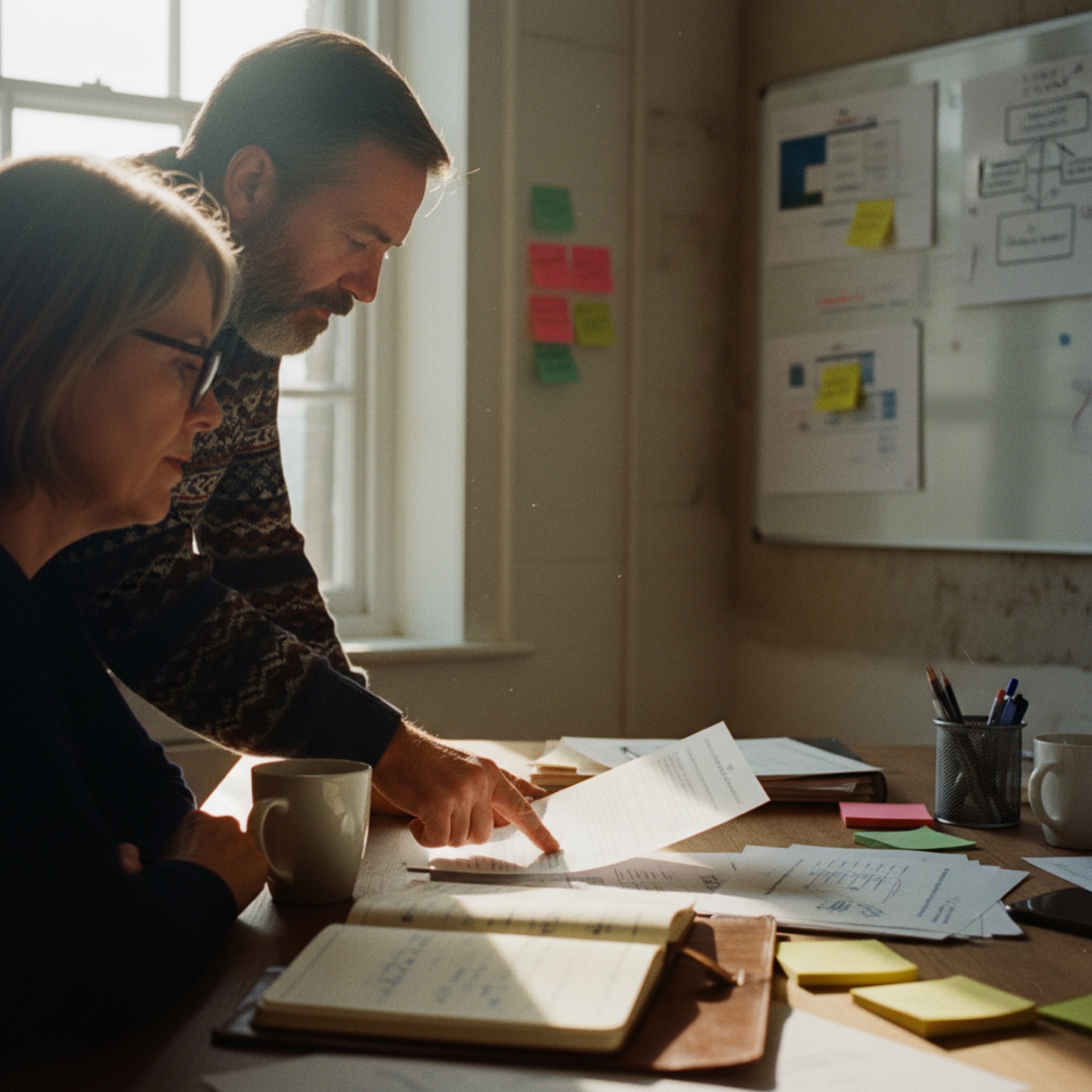 Two colleagues reviewing a document together at an office desk