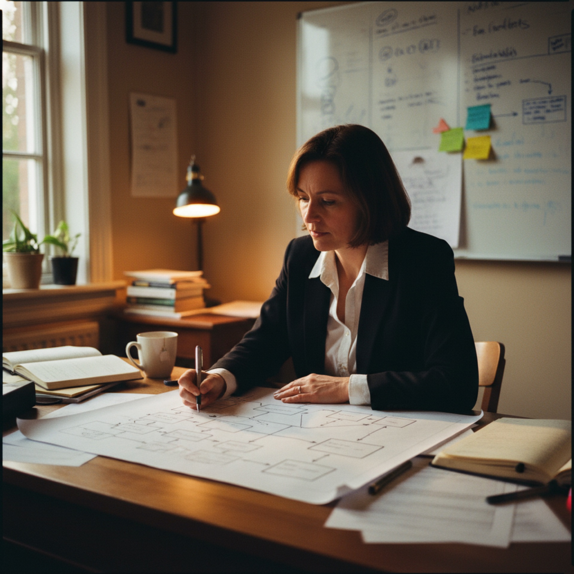 A business owner reviewing a printed diagram at a desk in a well-lit office