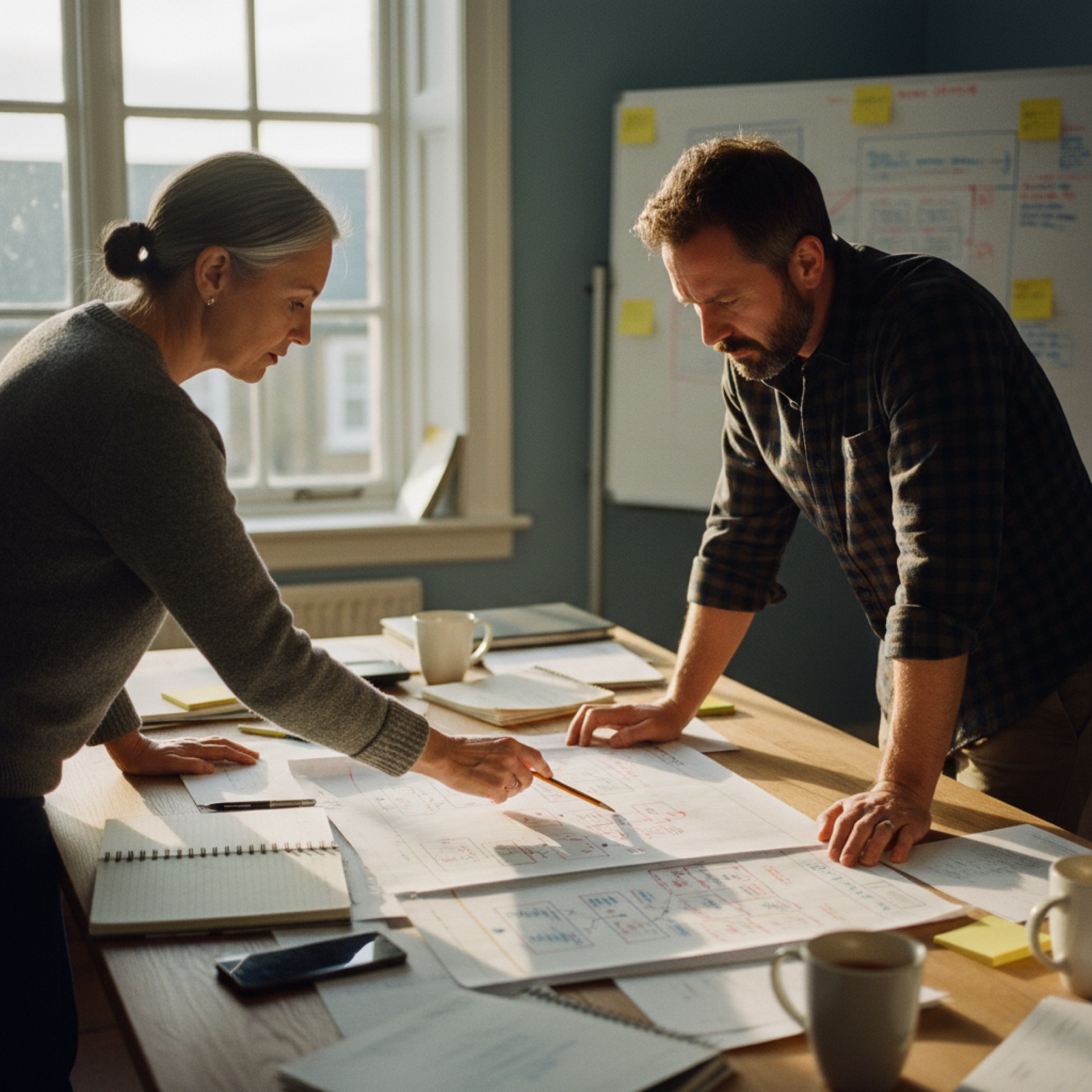 Two people reviewing printed workflow diagrams at a desk in a naturally lit office