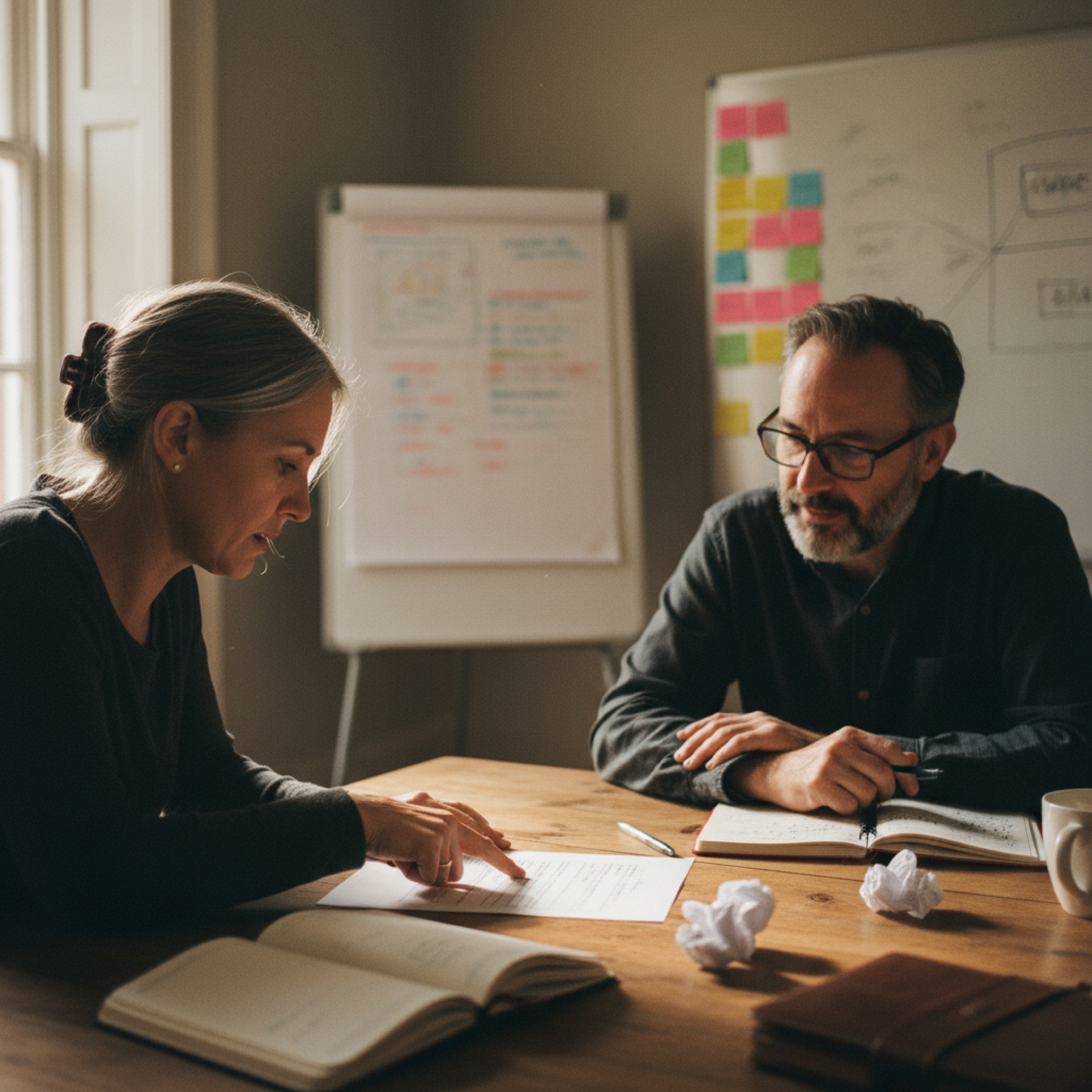 Two people at a meeting room table reviewing a document, one gesturing at the page