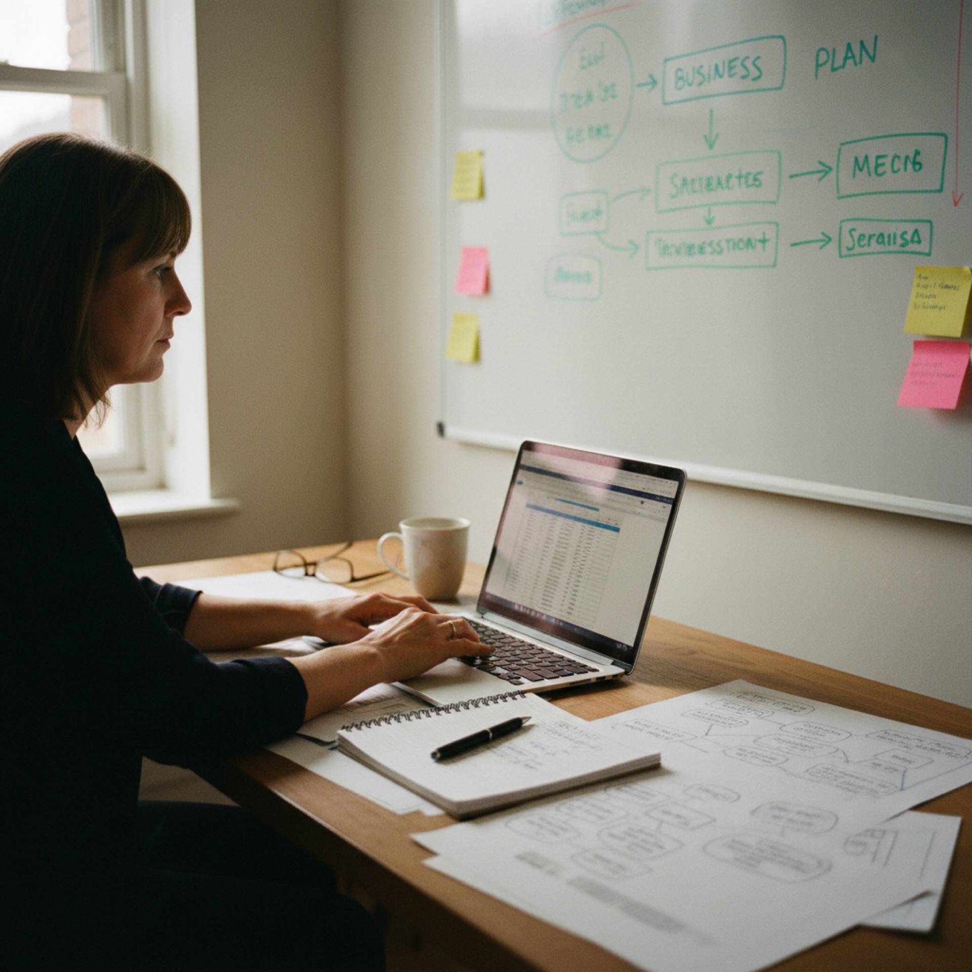 A person at a desk with a laptop open and handwritten notes beside them, reviewing business information