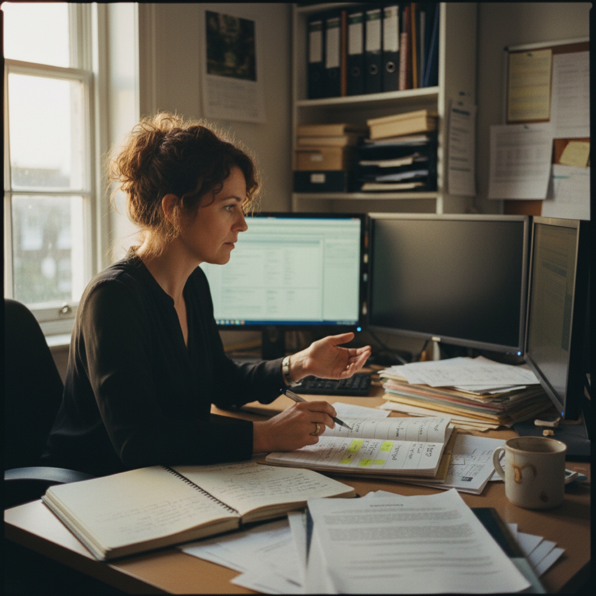Person at a desk with multiple screens open and notebooks spread out, reviewing information