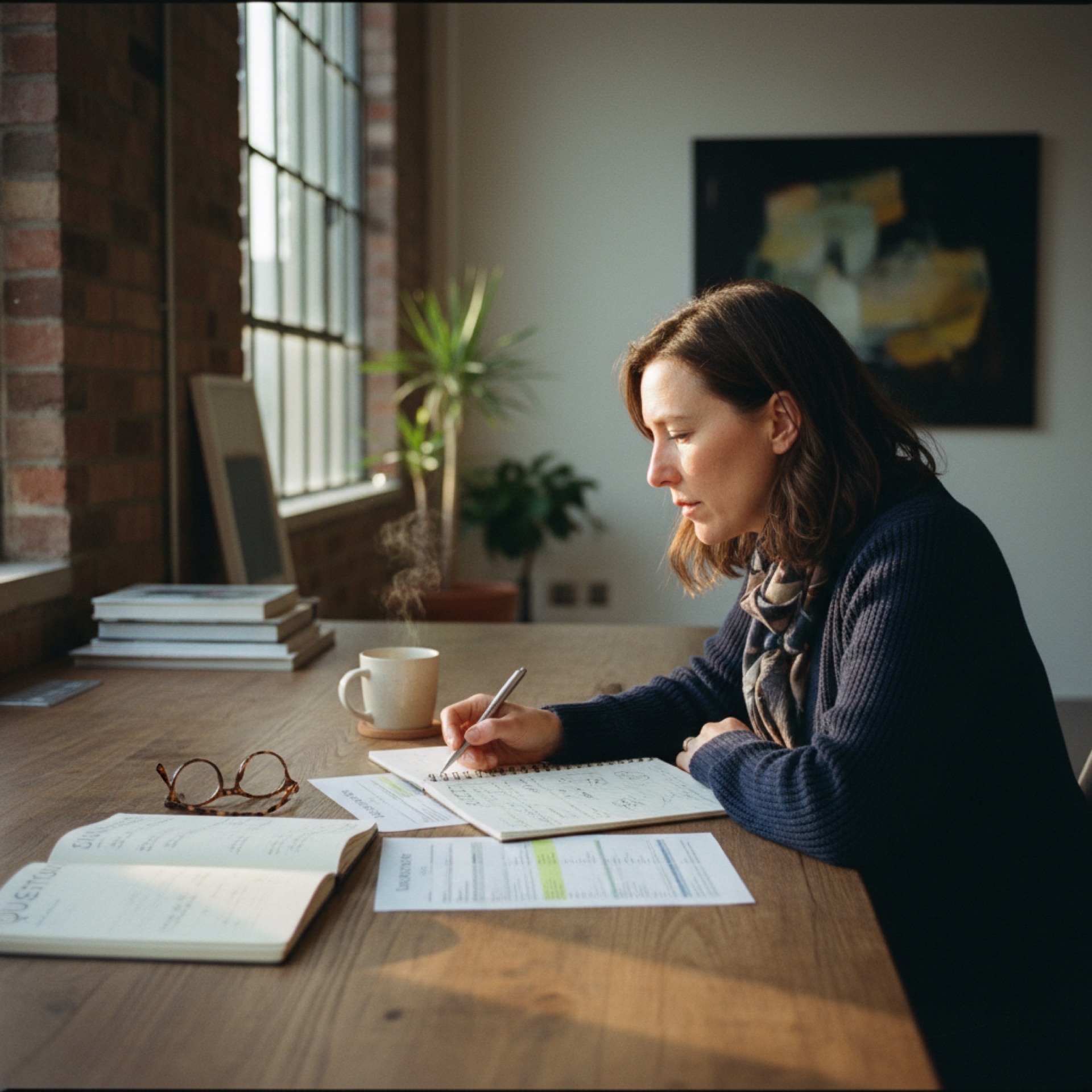 Agency owner reviewing analytics on a laptop at a well-lit office desk with a notebook open beside them
