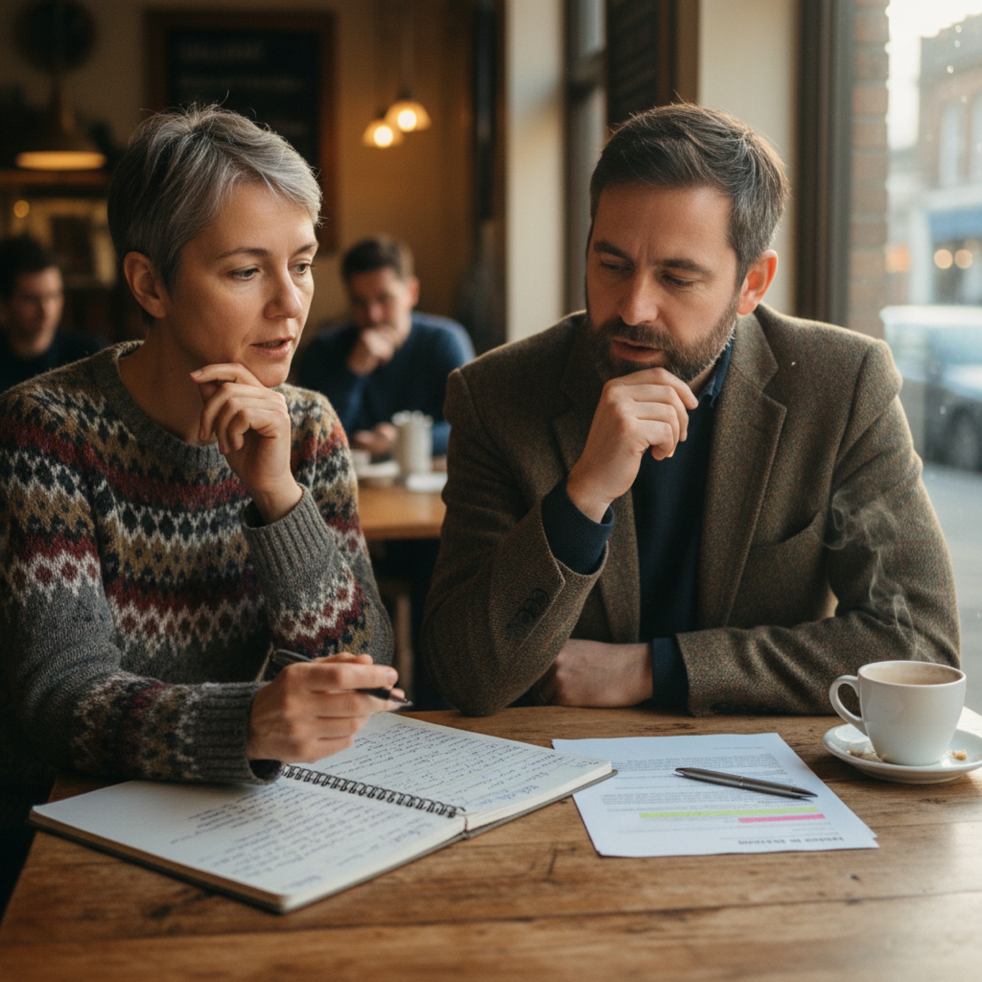 Two business founders in conversation at a cafe table with a laptop open between them