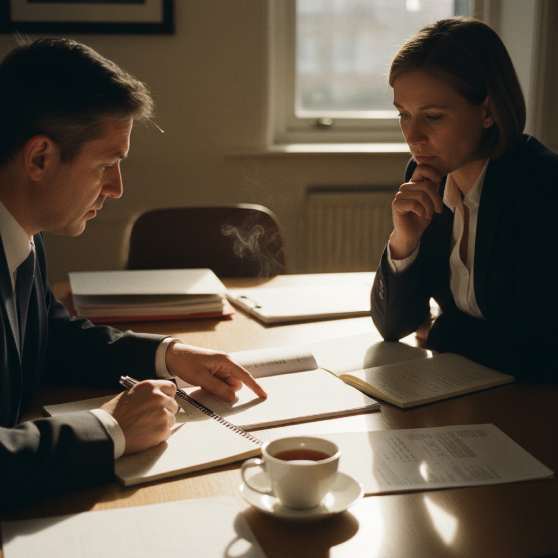 Two people in a meeting room reviewing a laptop screen together
