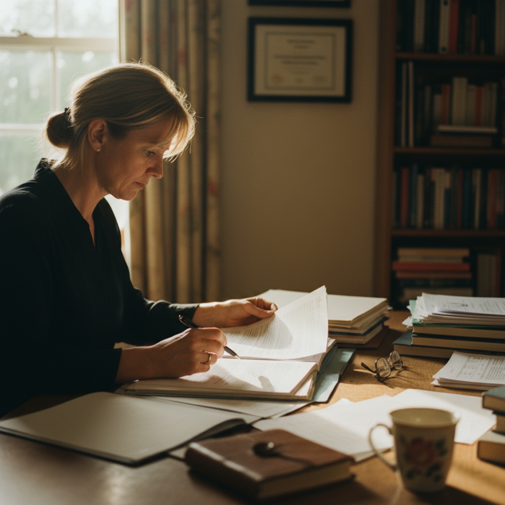 A person at a desk reviewing printed documents carefully, pen in hand