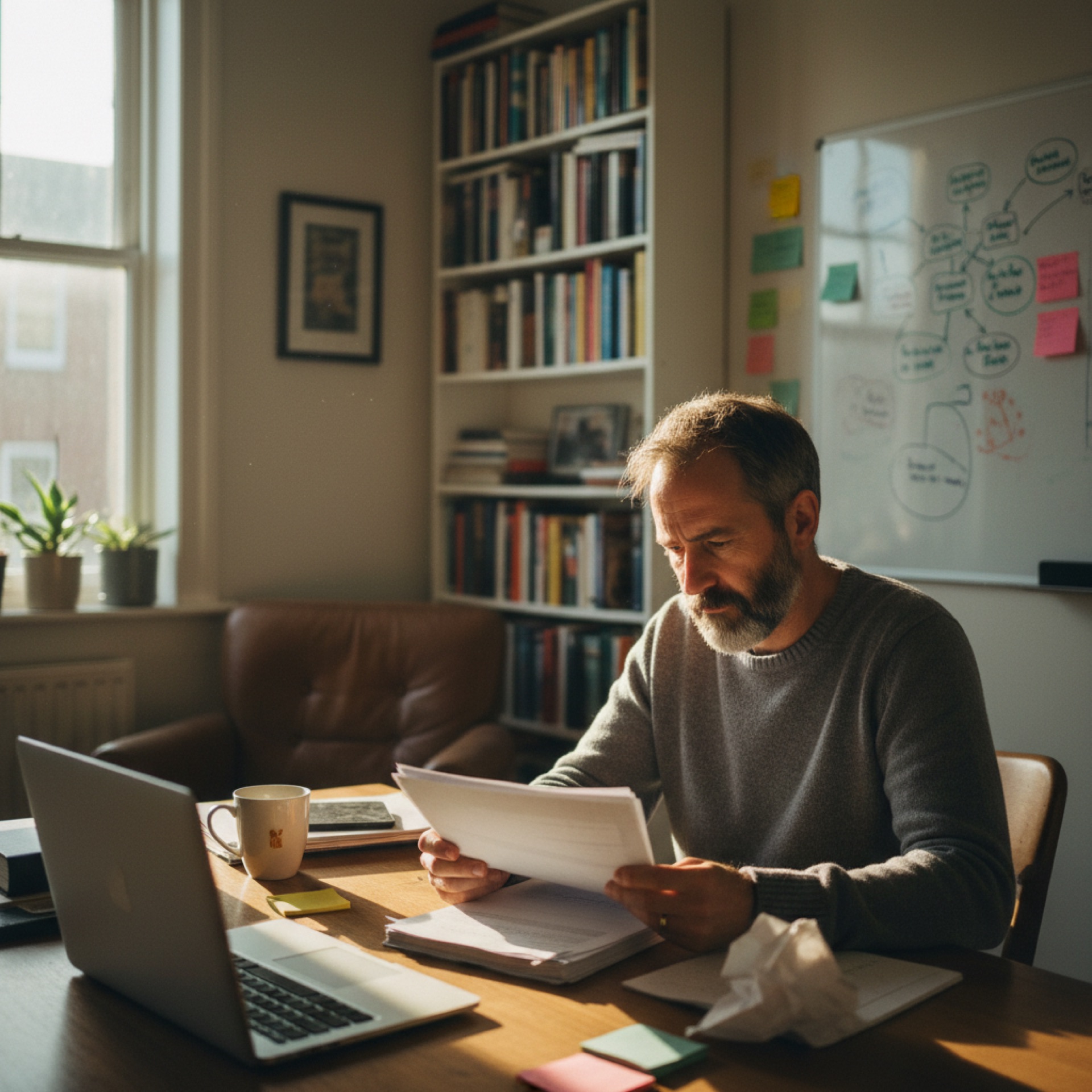 A person sitting at a desk reviewing documents with a laptop open beside them
