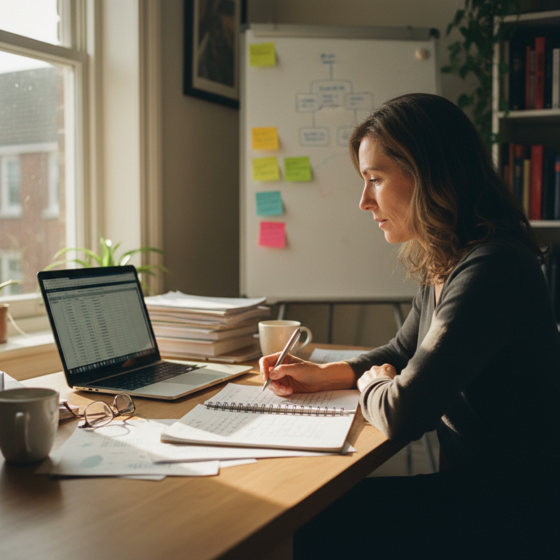 Person at a desk writing notes in a notebook while reviewing content on a laptop