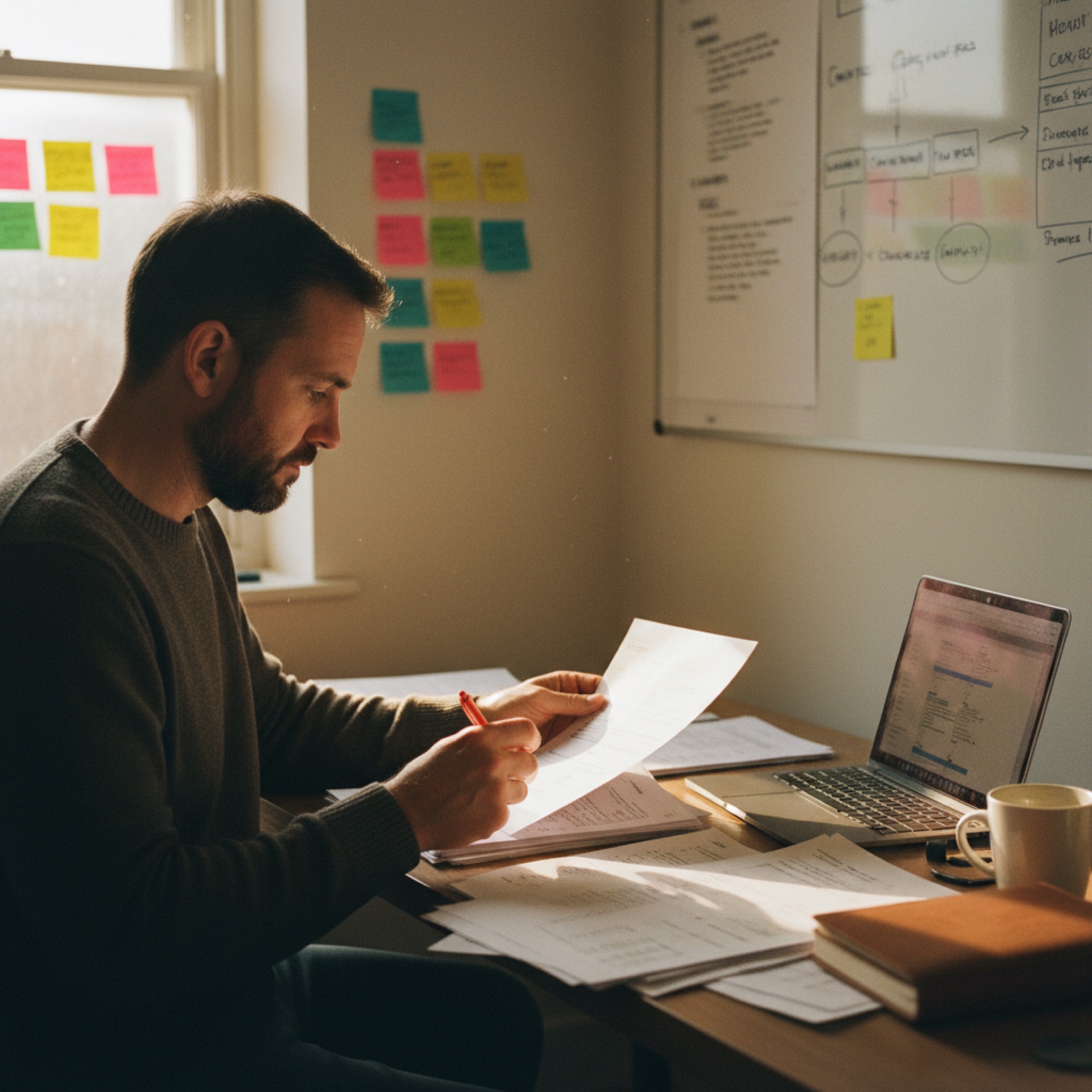 Founder at a desk reviewing printed checklists with a laptop open to a documentation workspace