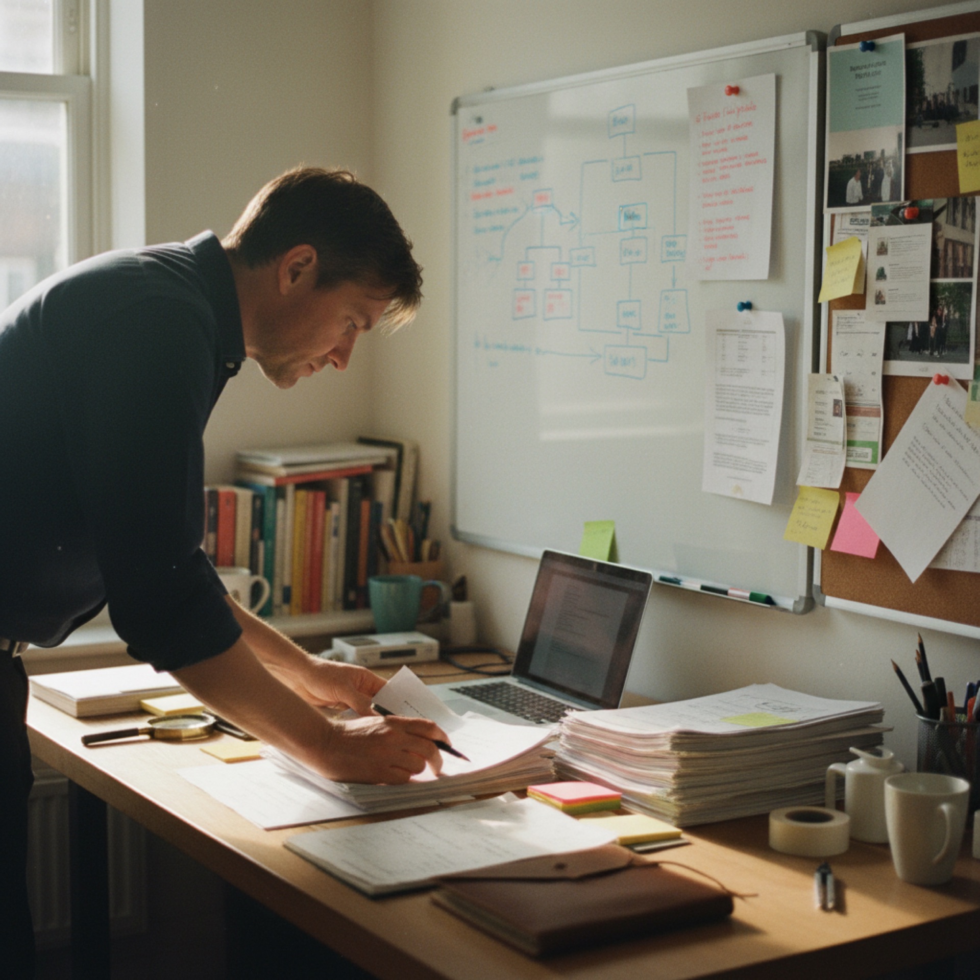 Business owner reviewing documents at a desk with a laptop open beside them