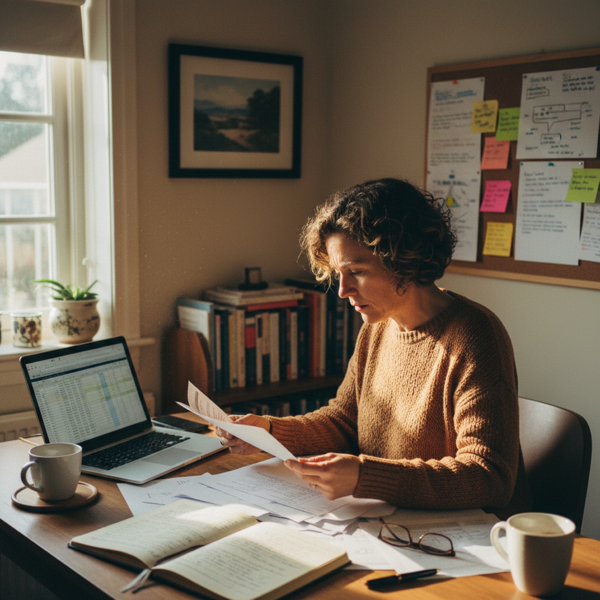 Person at a desk reading a printed document carefully with a laptop open beside them