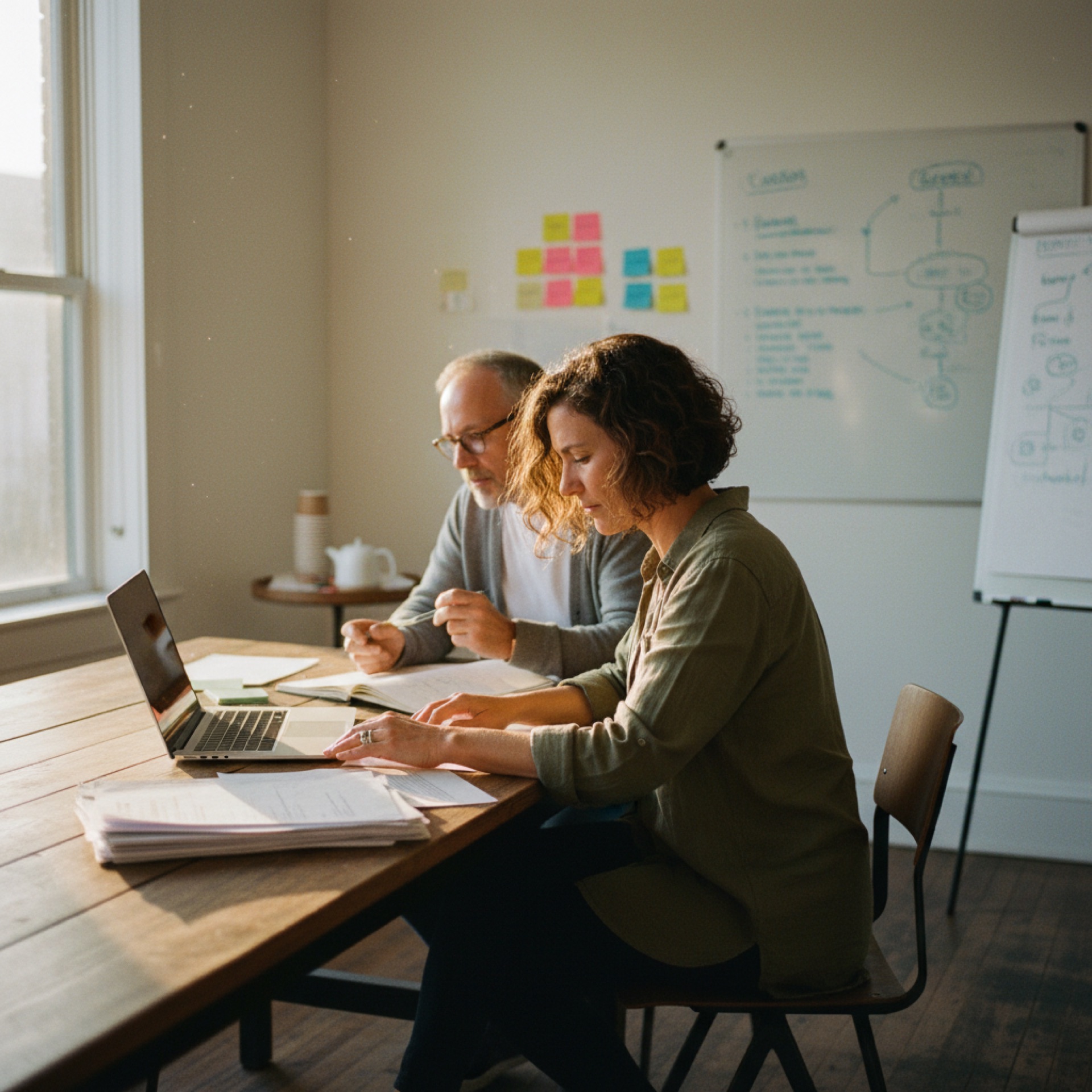 Two people at a desk reviewing documents on a laptop in a small office