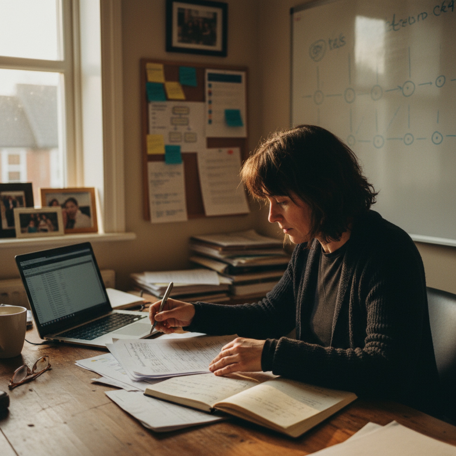 a business owner at a desk reviewing printed documents with a laptop open beside them