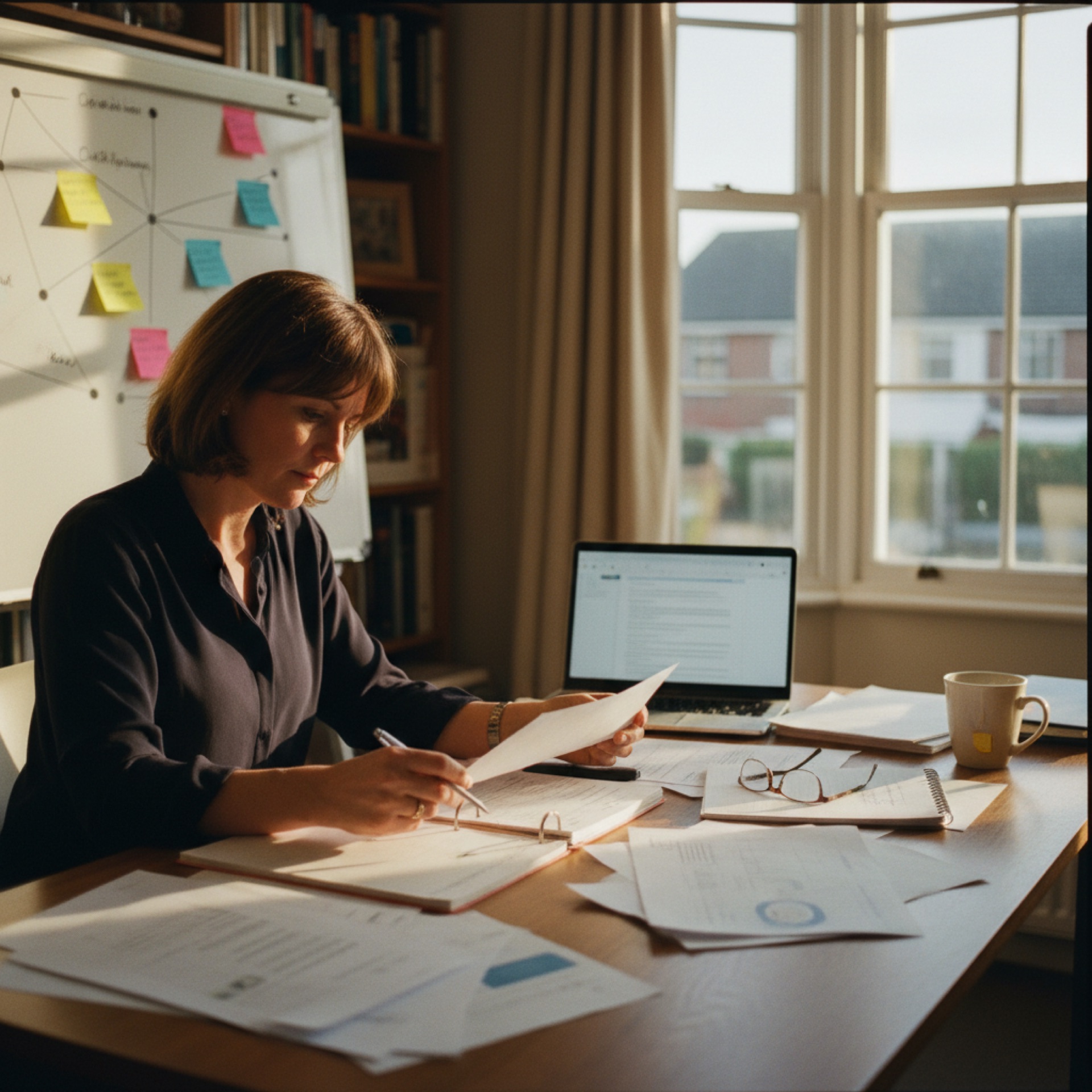 Person reviewing a printed document at a desk with a laptop open beside them