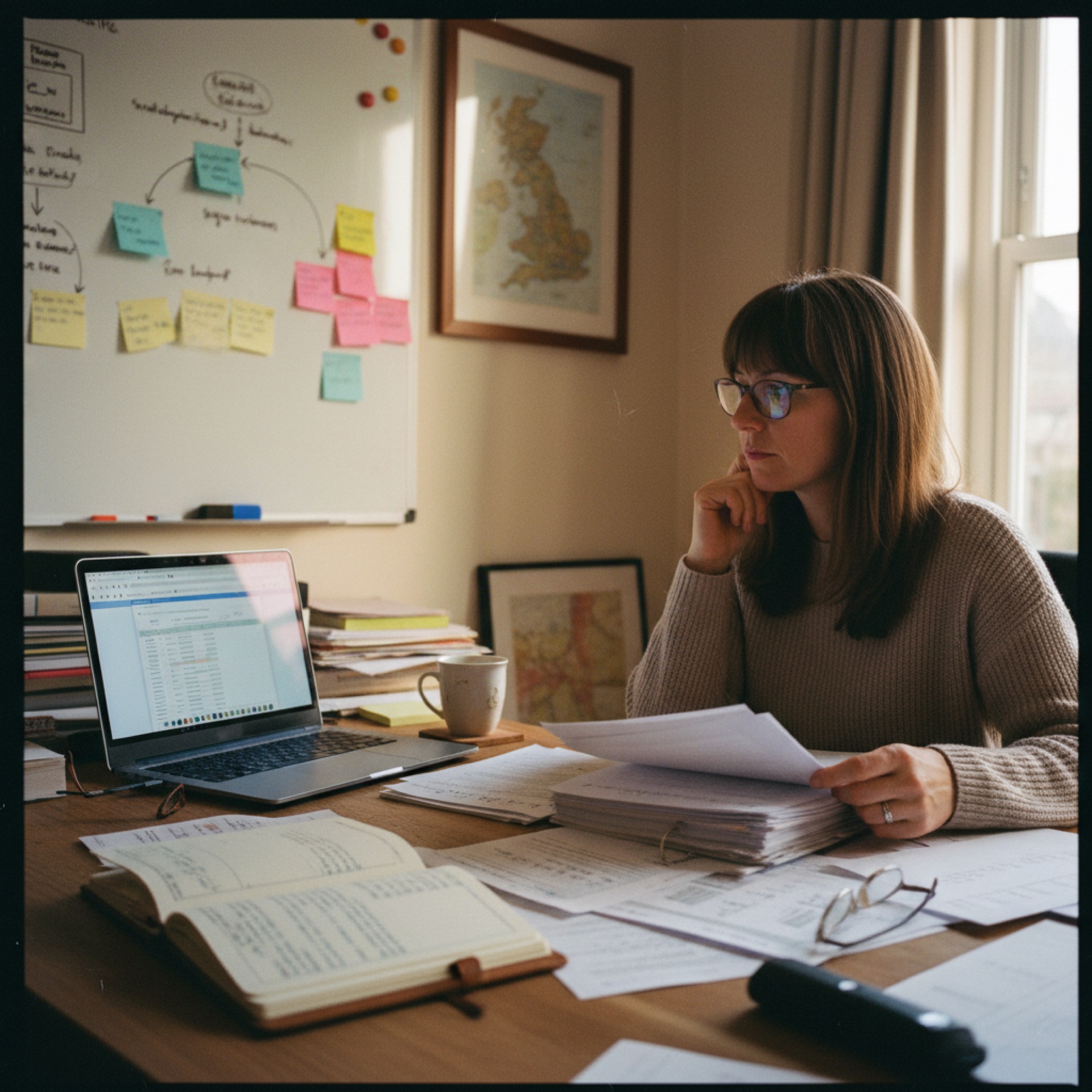 A person reviewing printed documents at a desk with a laptop open nearby
