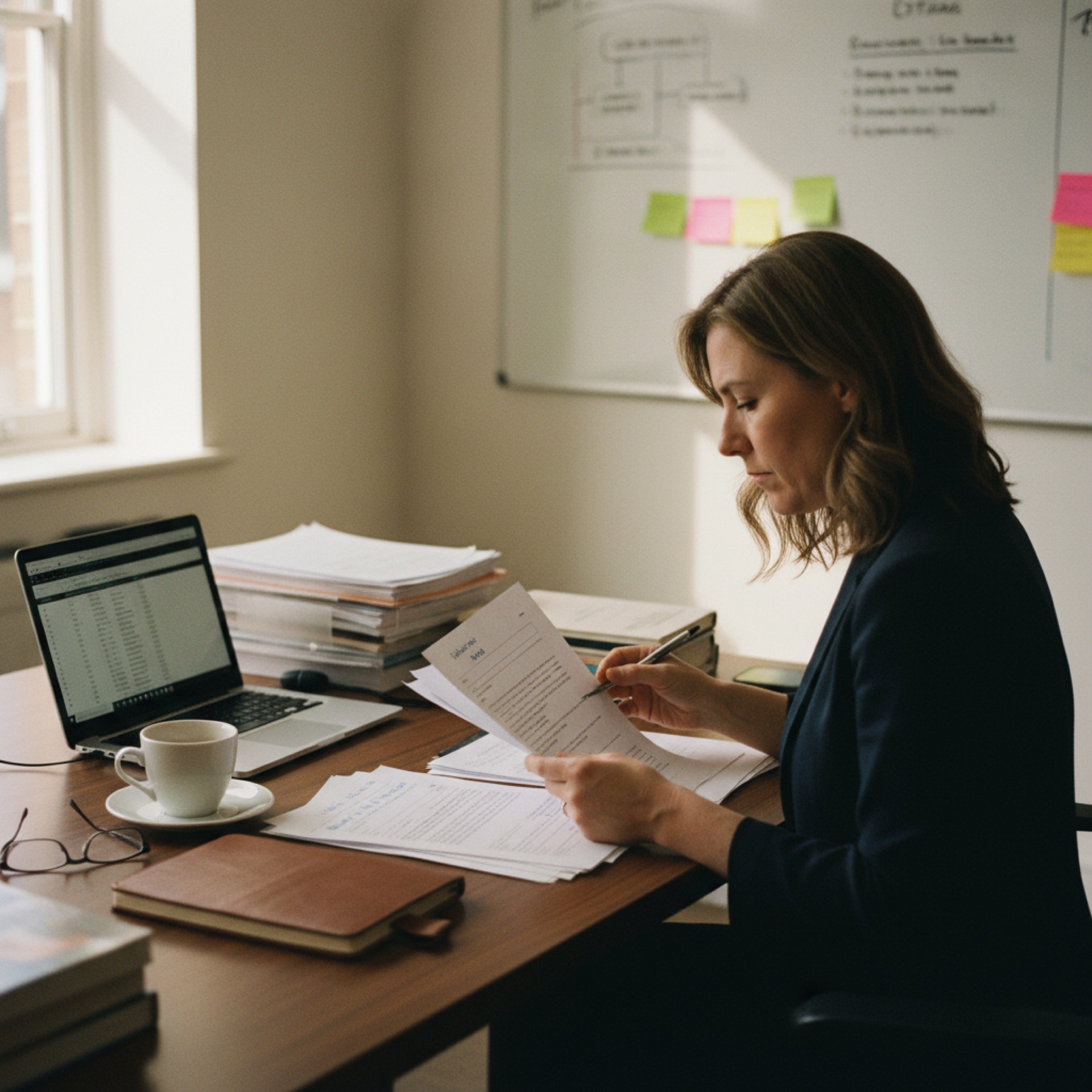 A professional reviewing printed documents at a desk with a laptop open beside them