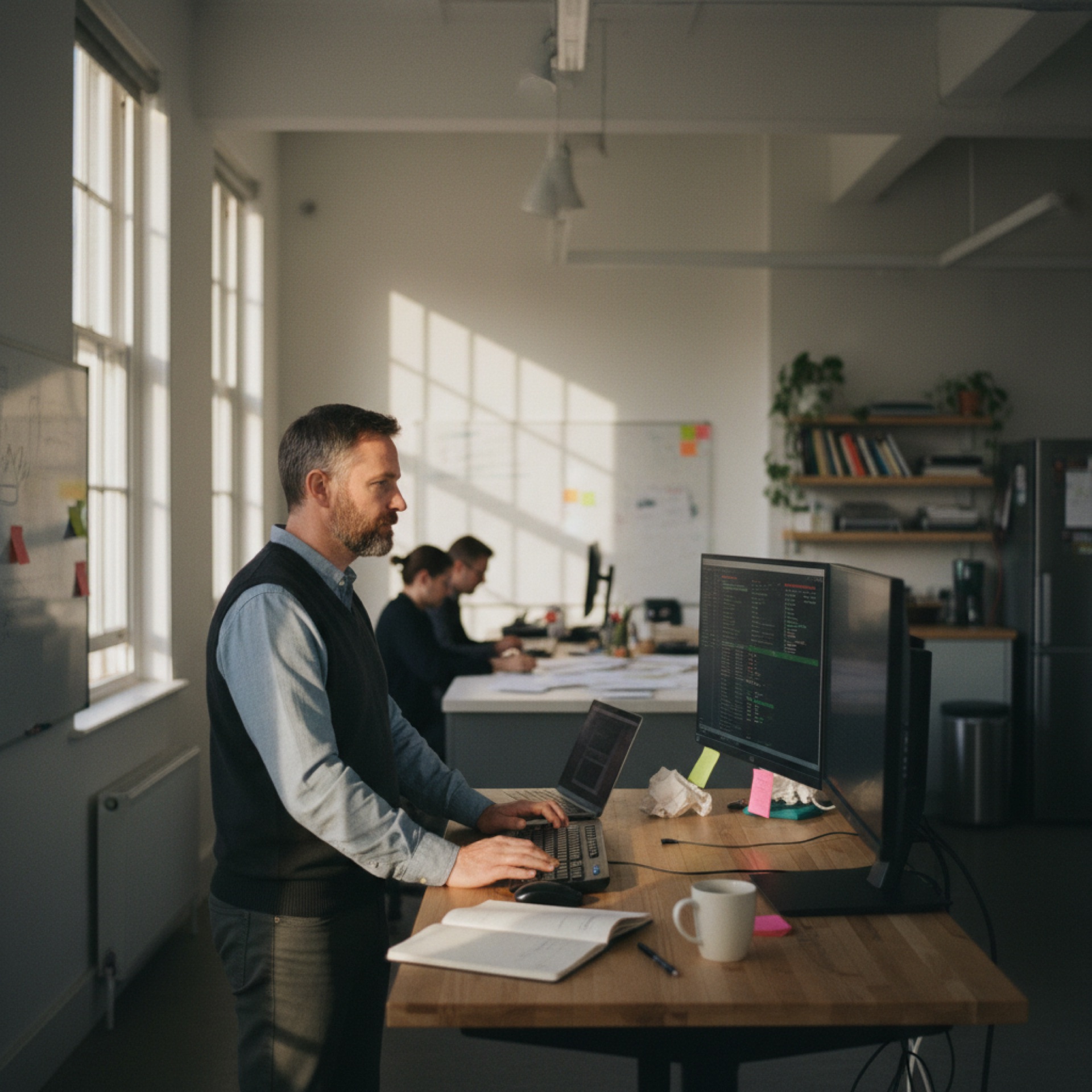 Developer reviewing code and test outputs on two monitors at a standing desk in an office