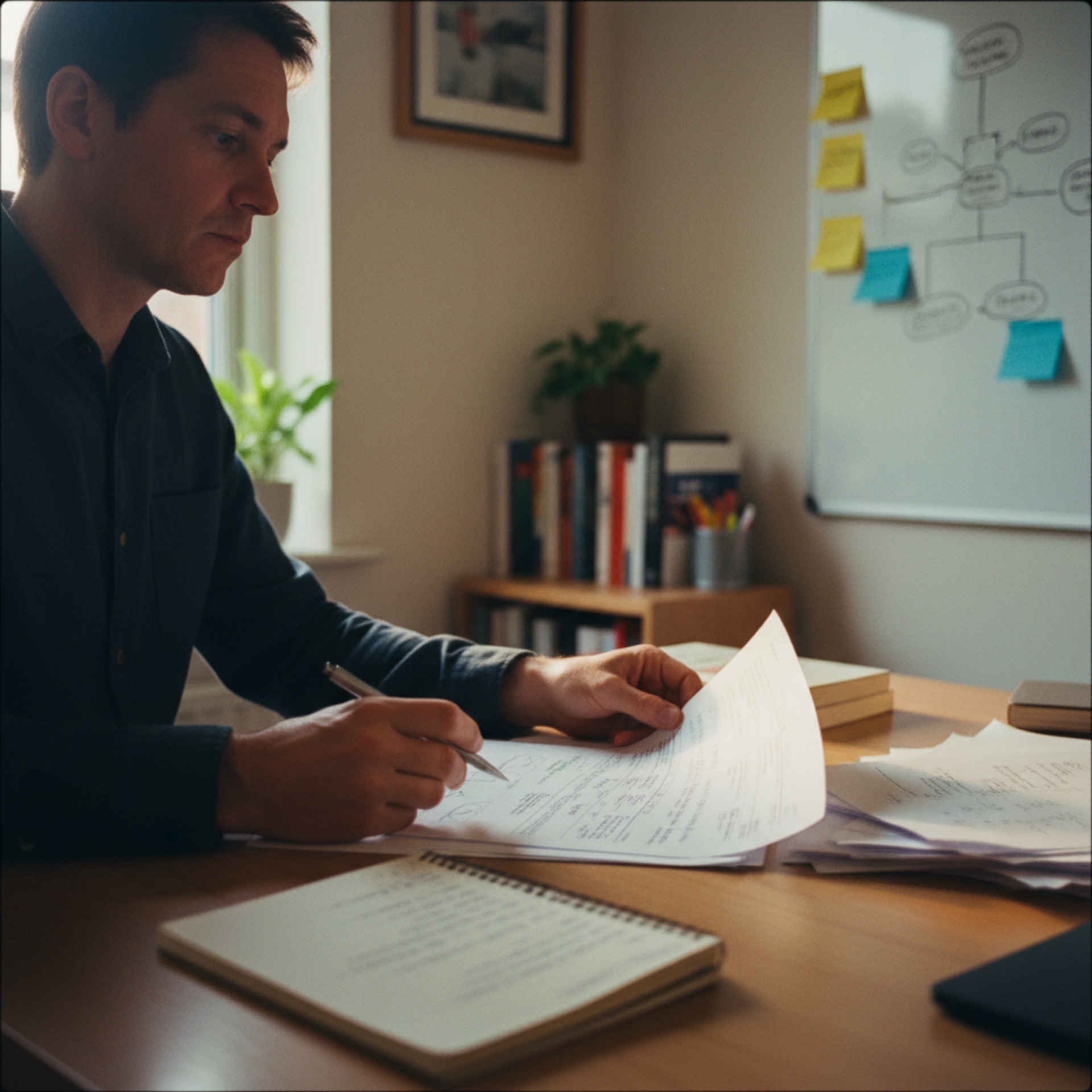A person at a tidy desk reviewing a printed document with a pen in hand