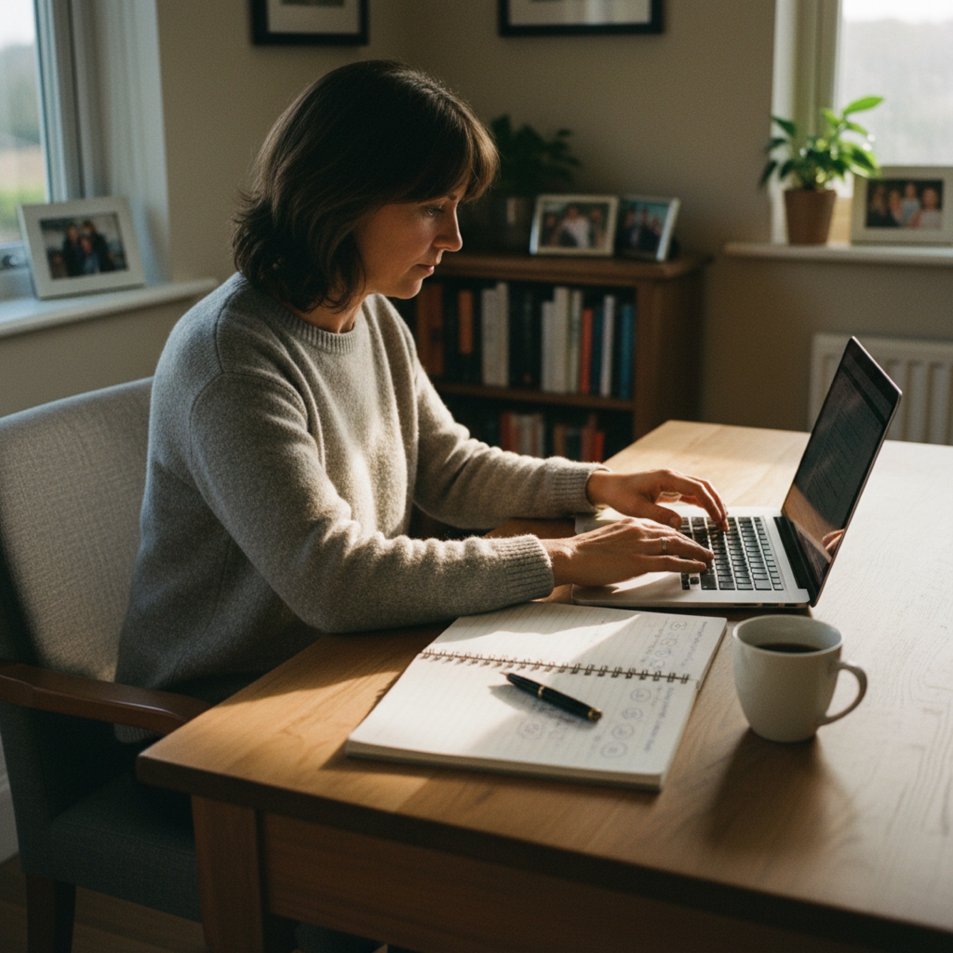 A founder sitting at a desk reviewing client revenue figures on a laptop with handwritten notes alongside, working through the numbers in natural light