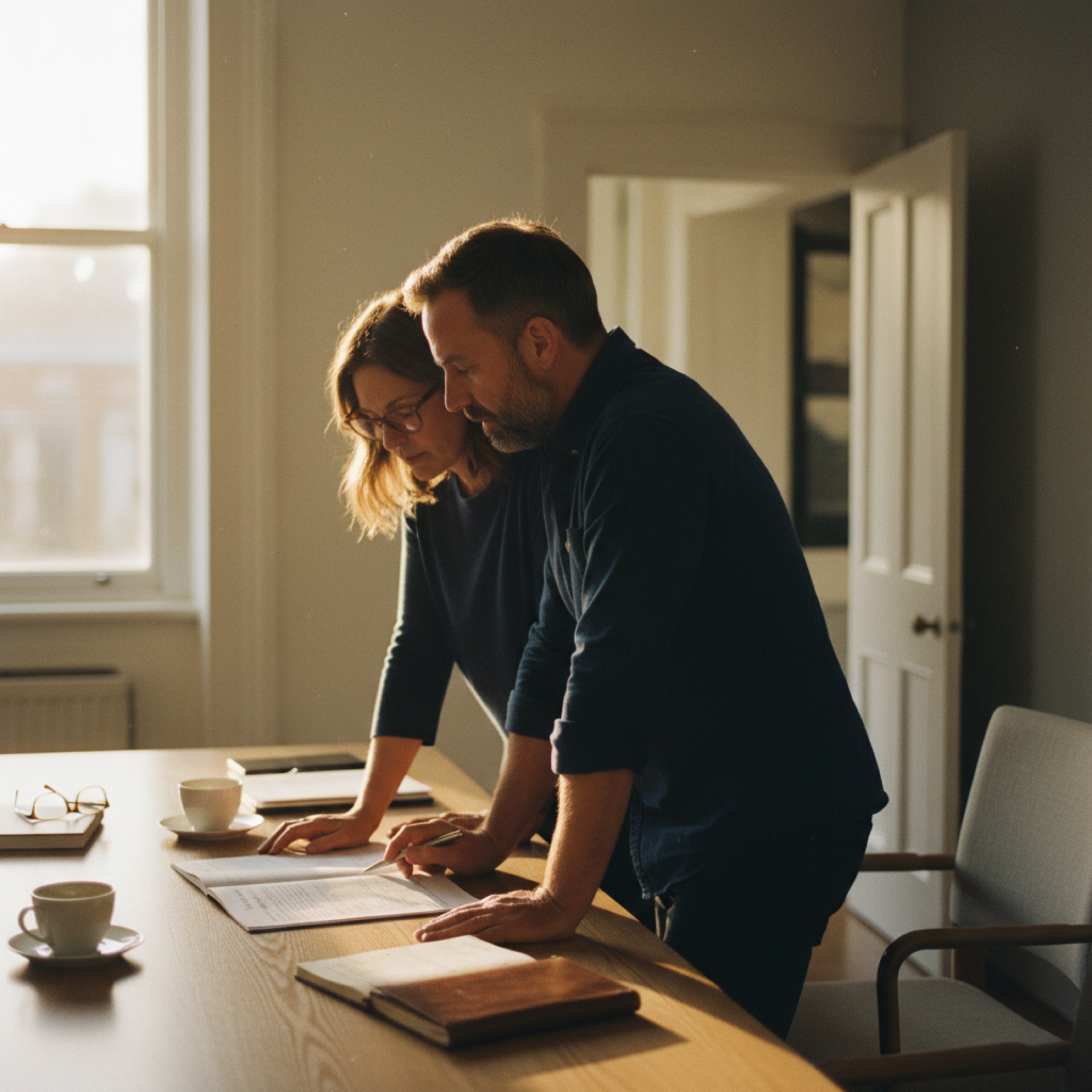 Two people reviewing a document together at a desk in a bright office