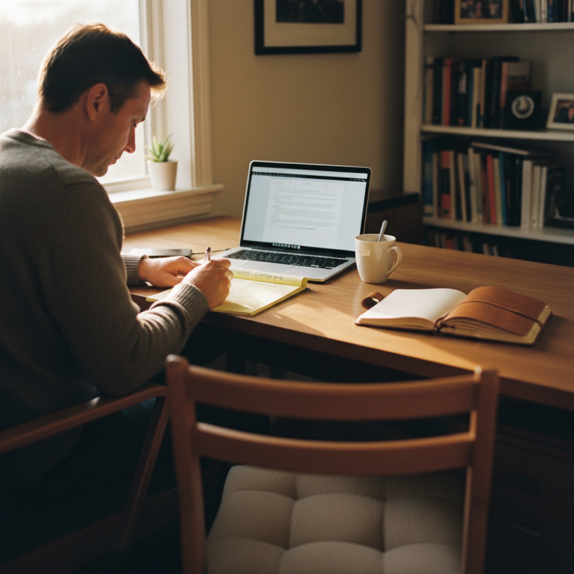 A person at a desk reviewing a handwritten list on a notepad with a laptop open nearby
