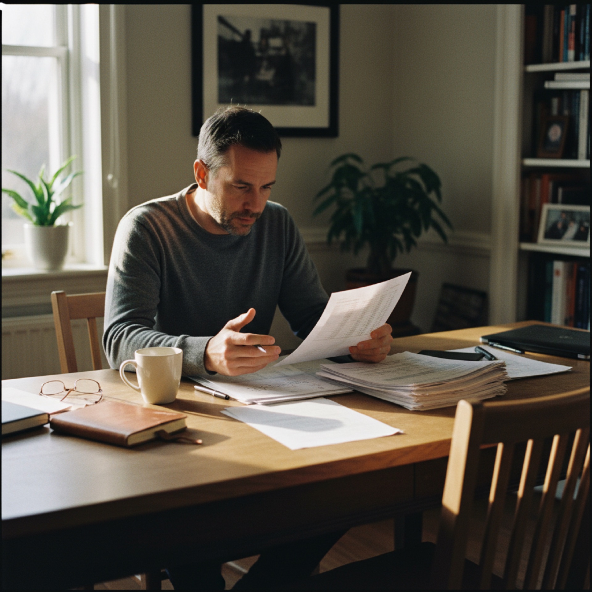 A founder reviewing client financial spreadsheets at a desk