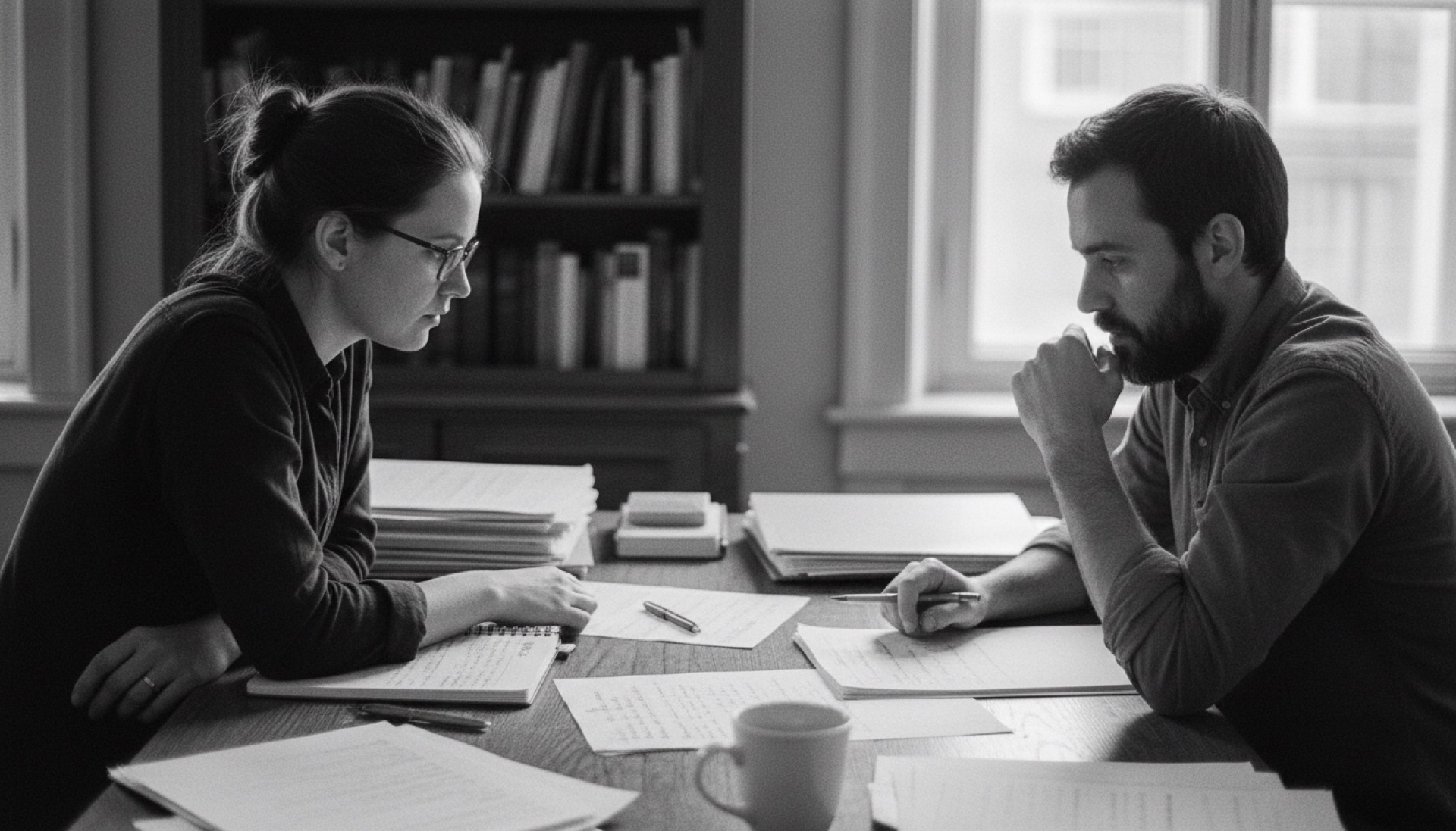 Two people having a serious conversation at a desk in a quiet, naturally lit office