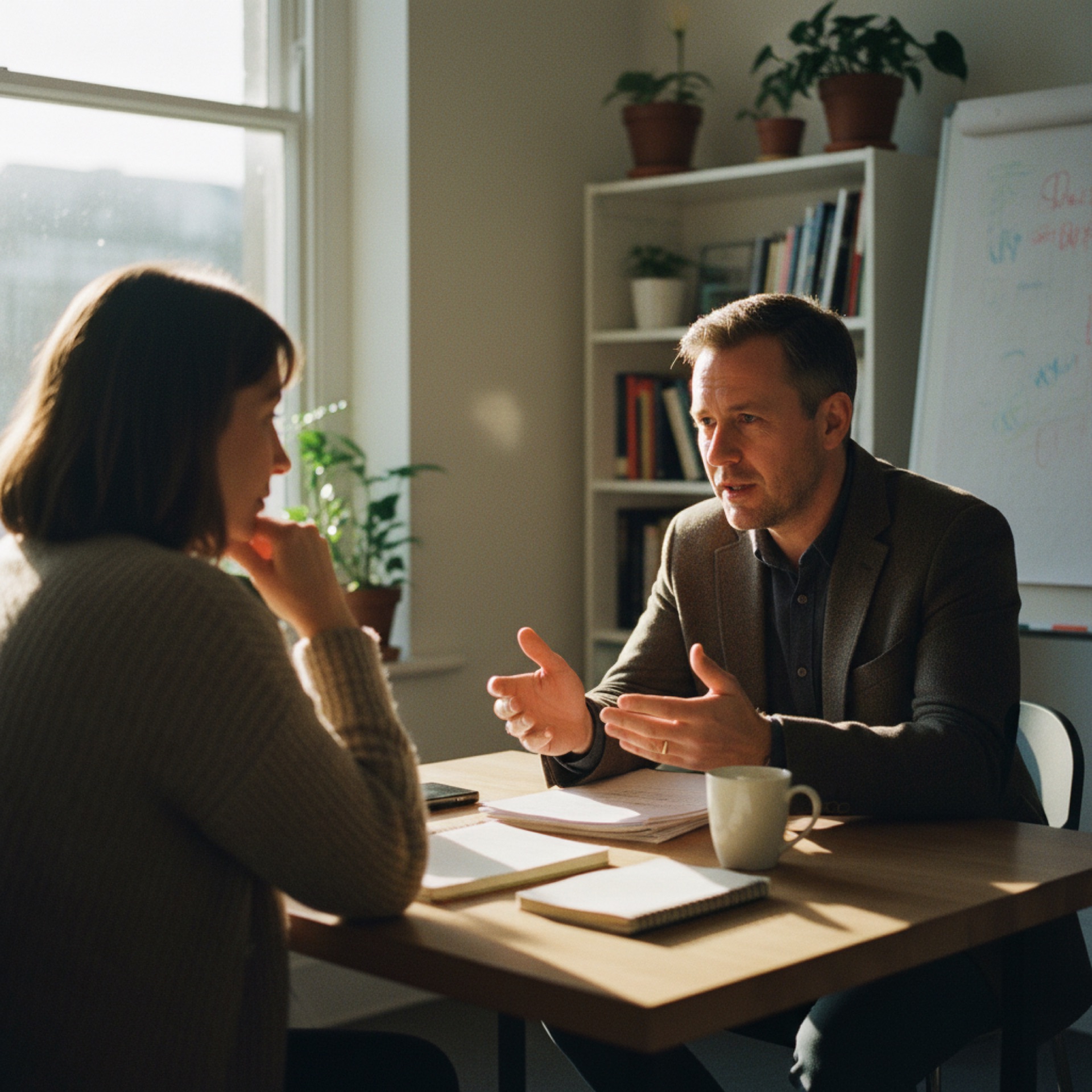 Two people in conversation across a small table in an office meeting room, one listening attentively to the other