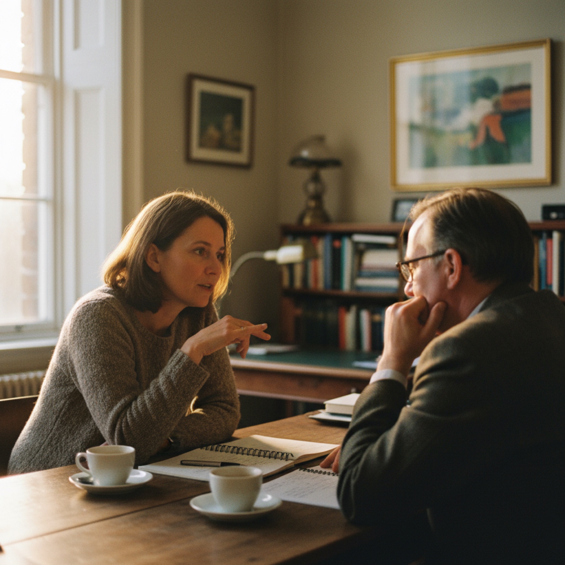Two people in a focused one-to-one conversation across a table with a notepad and coffee cups between them