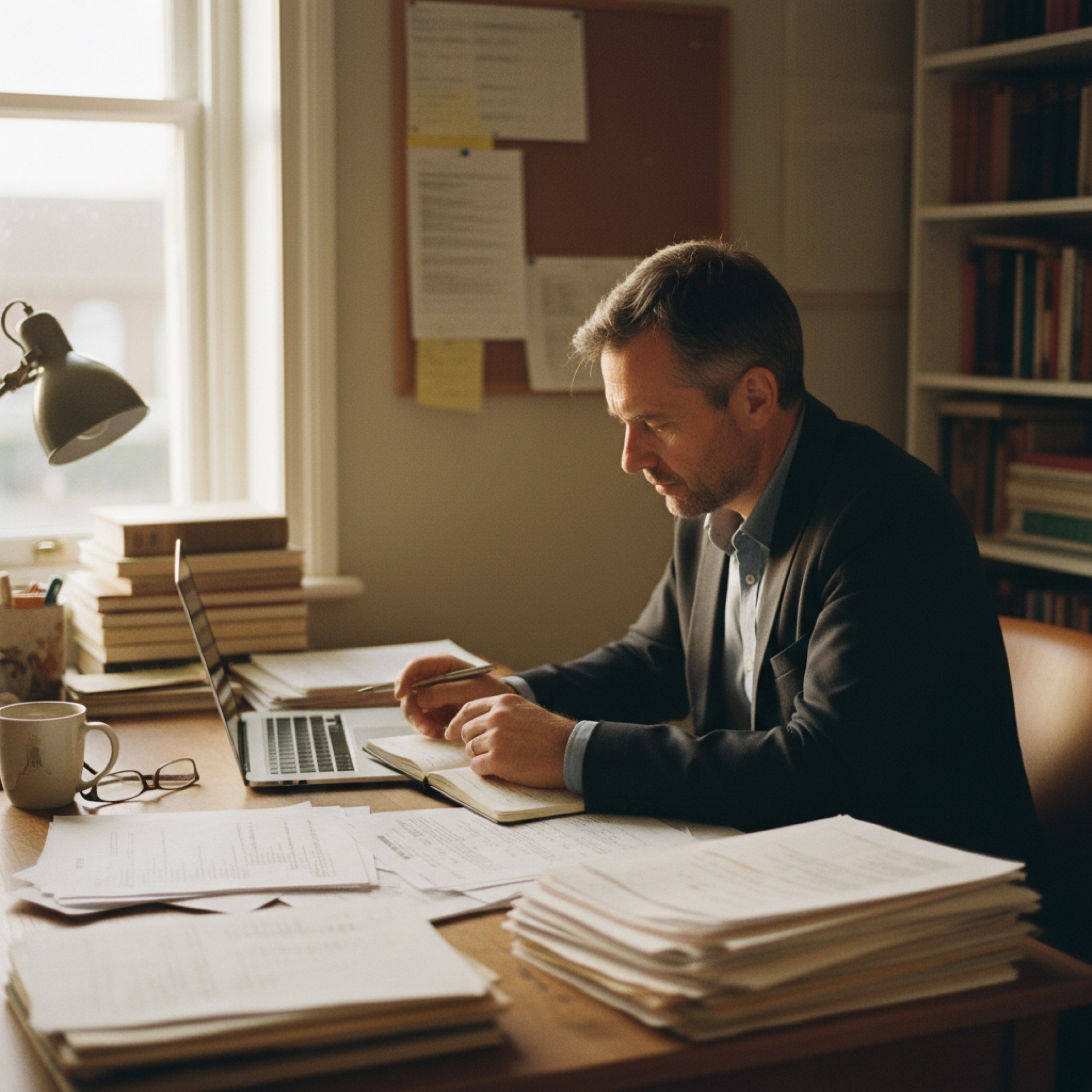 Business owner reviewing documents and a laptop at a desk in a small office