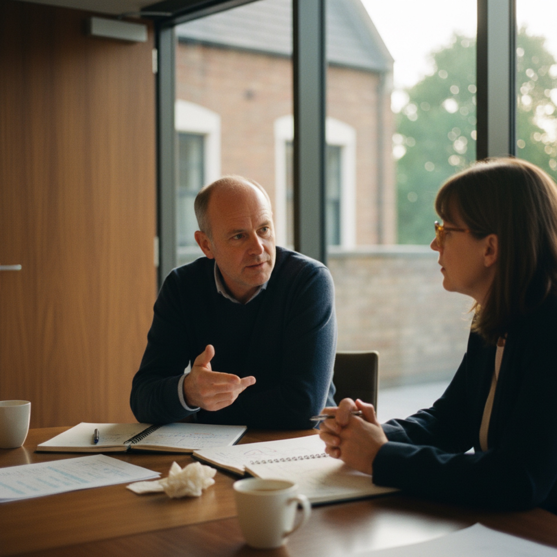 Two people in professional conversation across a meeting table in a well-lit office