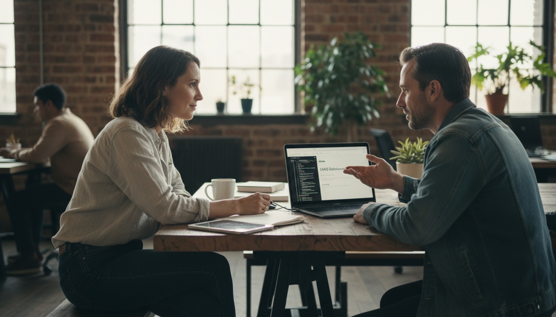 Two people sitting at a table reviewing a laptop screen together