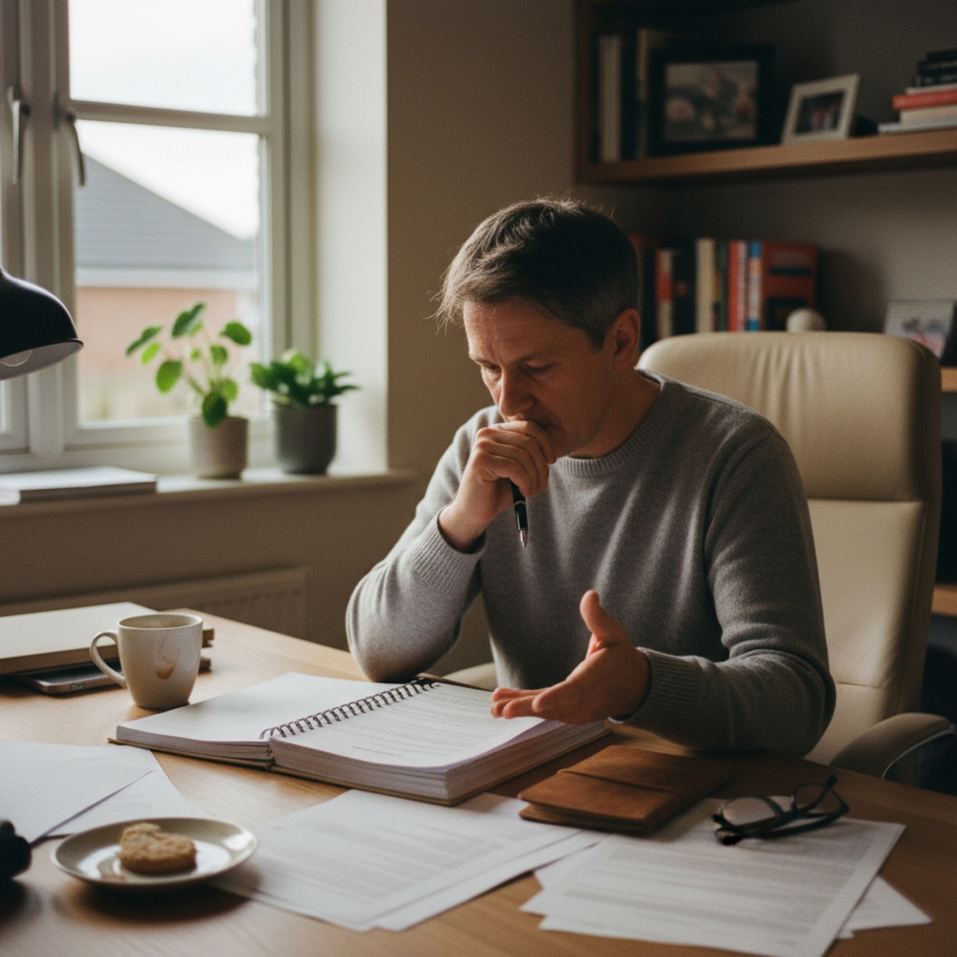 Person sitting at a desk reading a document, natural daylight coming through a nearby window