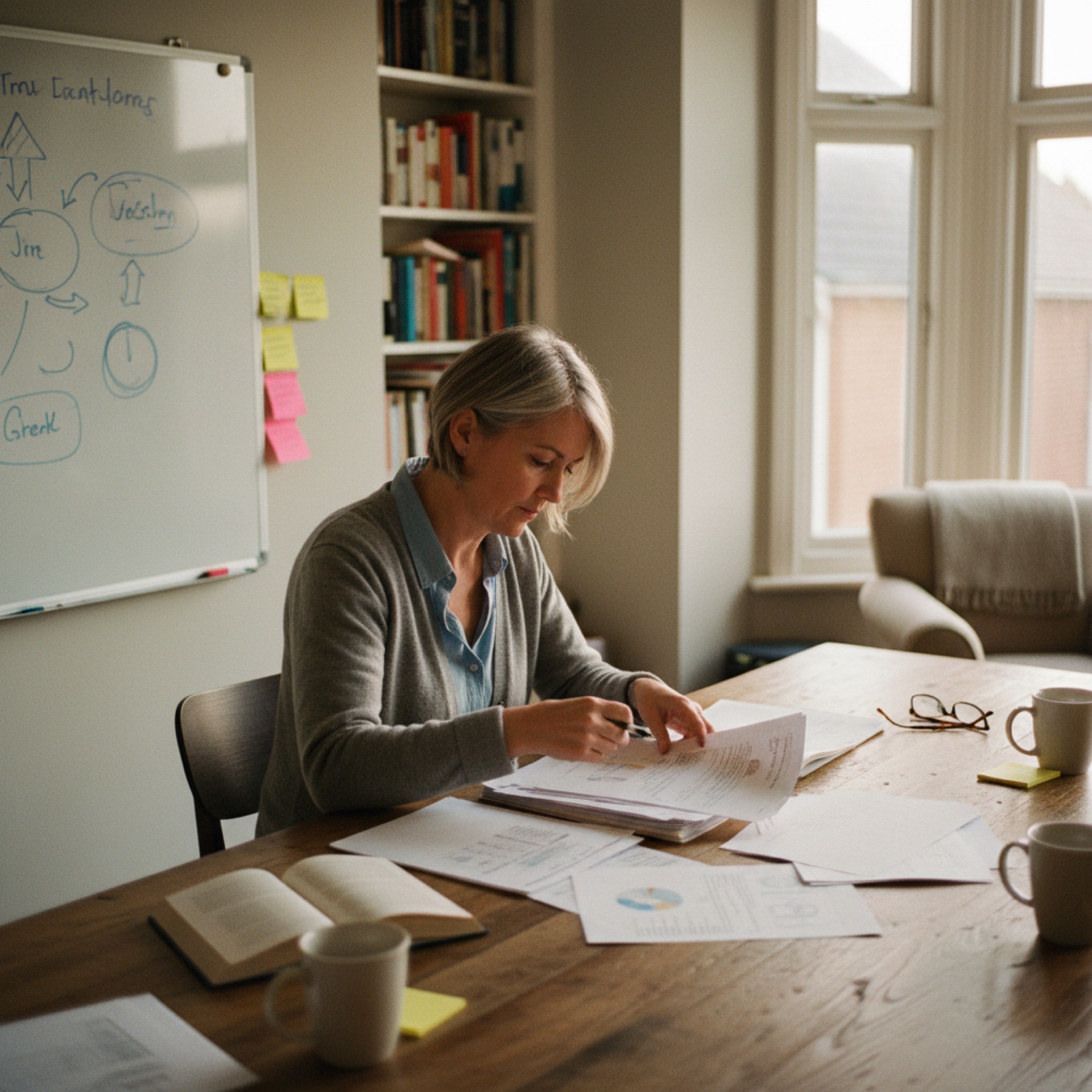 A business professional reviewing printed documents at a desk in a well-lit office