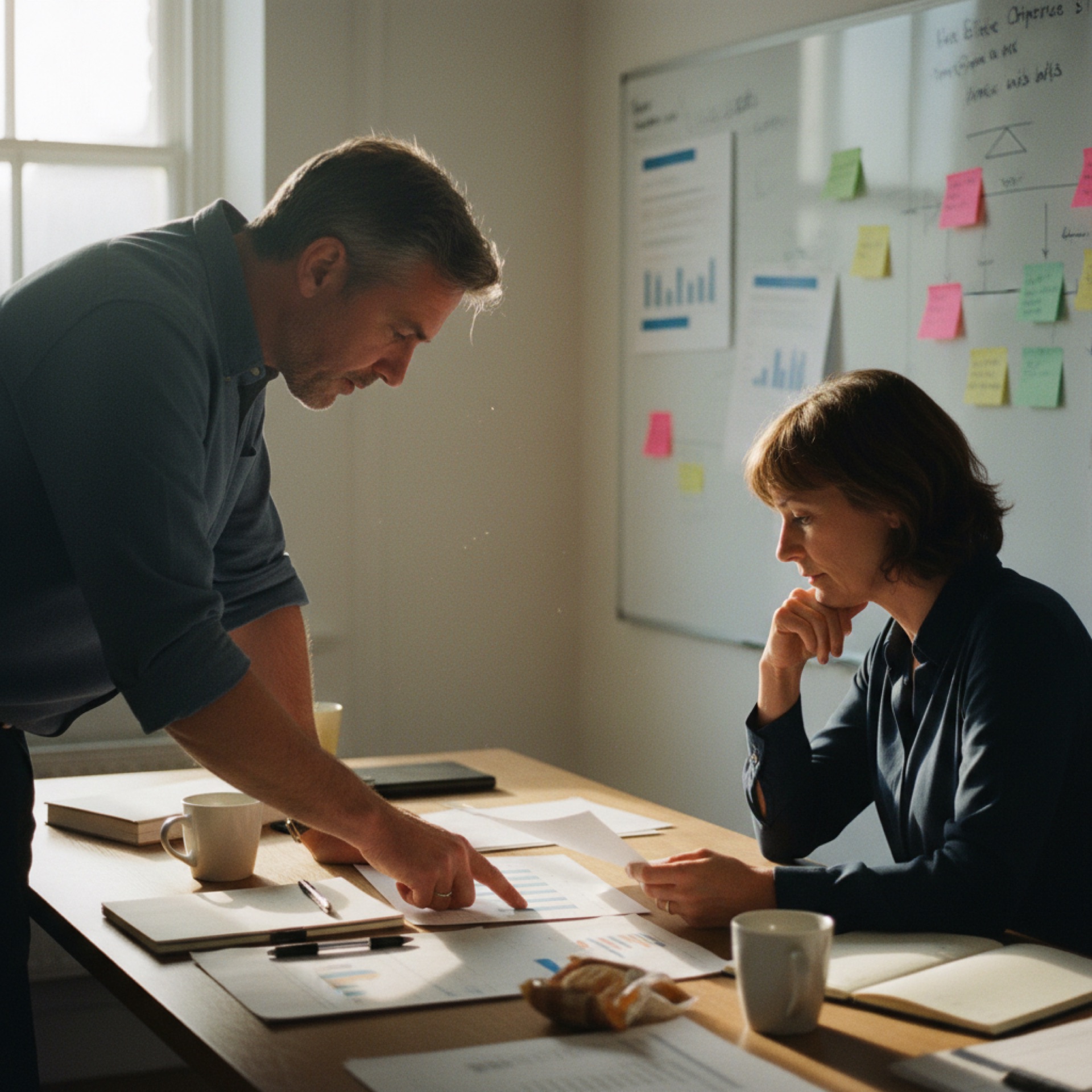 Two colleagues reviewing a printed report at an office desk
